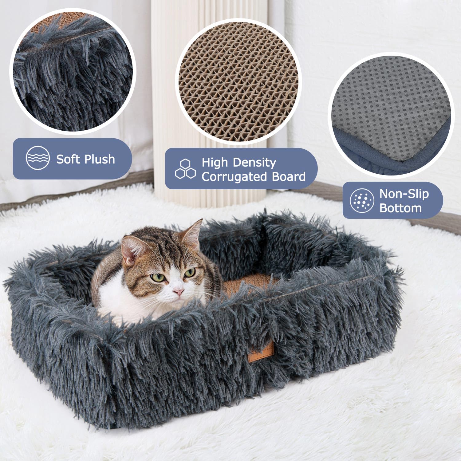 Premium Cat Scratcher Bed & Lounge Box - Large Corrugated Cardboard Scratching Pad with Removable Panels for Kittens & Adult Cats - Protects Furniture from Scratching (Dark Grey) - Perfect for Living Rooms, Bedrooms & Home Offices