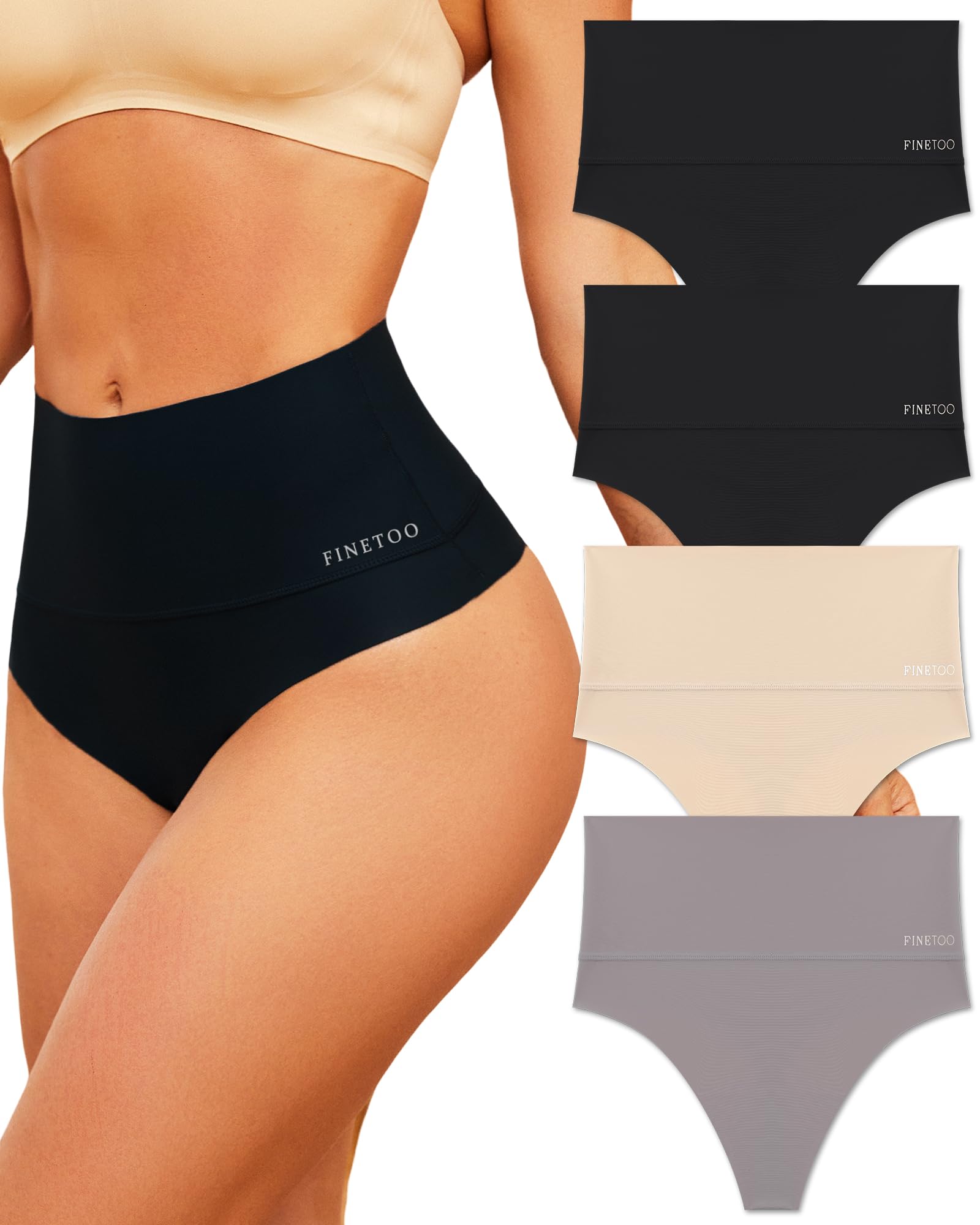 FINETOO Women's High Waisted Thong Underwear - Tummy Control Seamless Shapewear Panties No Show Comfort 4 Pack (S-3XL) for Everyday Wear, Workout & Special Occasions