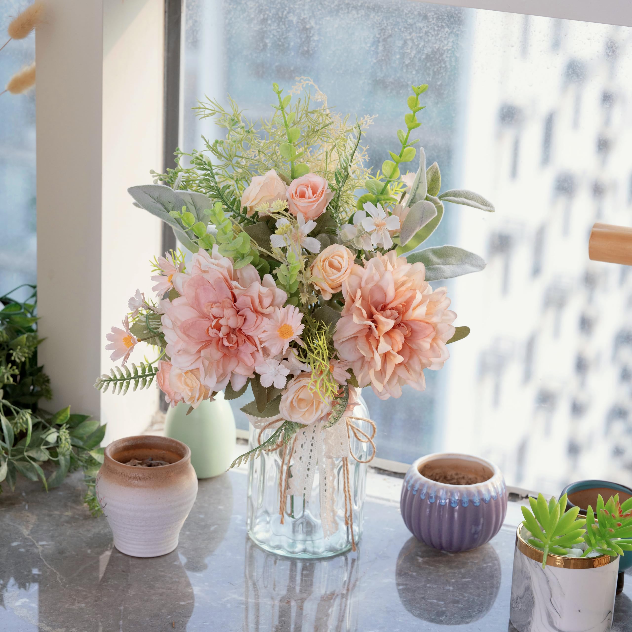 LUEUR Artificial Silk Rose and Hydrangea Bouquet in Vase - Pink Dahlia Floral Arrangement for Home Decor, Wedding Centerpiece, Spring Table Decorations | Perfect for Living Room, Dining Table, Office Desk Decor