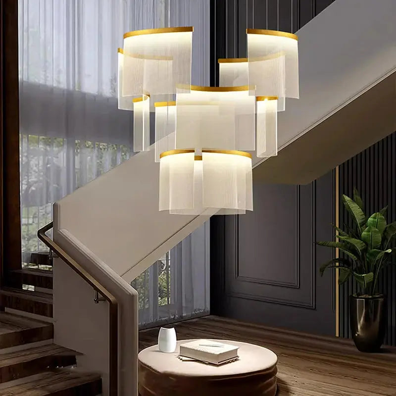 Nordic Style Ceiling Stair Chandelier in Gold and Black - Modern Crystal Pendant Light Fixture for Living Room, Bedroom, Staircase & Entryway Decor