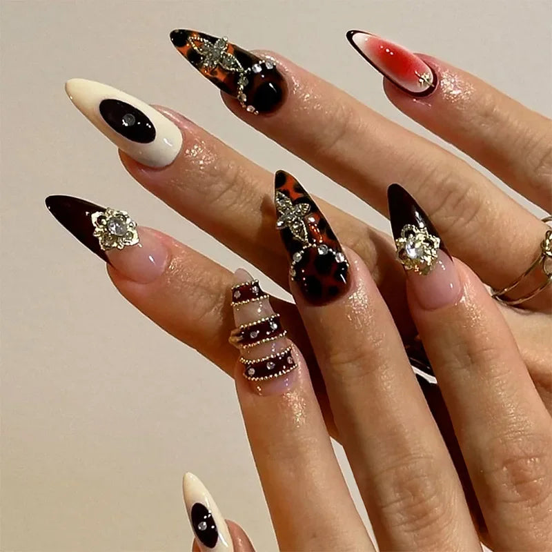 3D Gold Glitter Press on Nails - 24Pcs Almond Shape Fake Nails with Detachable Stiletto Tips | Spice Girls Inspired False Nails for Parties, Weddings & Special Occasions