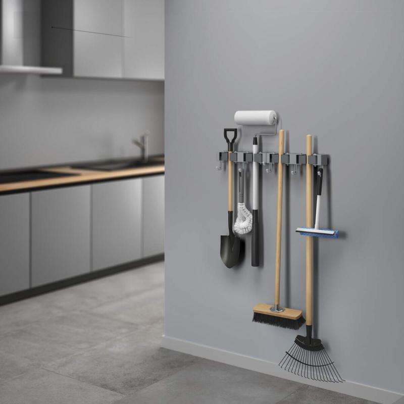 Wall Mounted Tool Organizer - Heavy Duty Broom & Mop Holder with Hooks for Garage, Kitchen, or Utility Room Storage