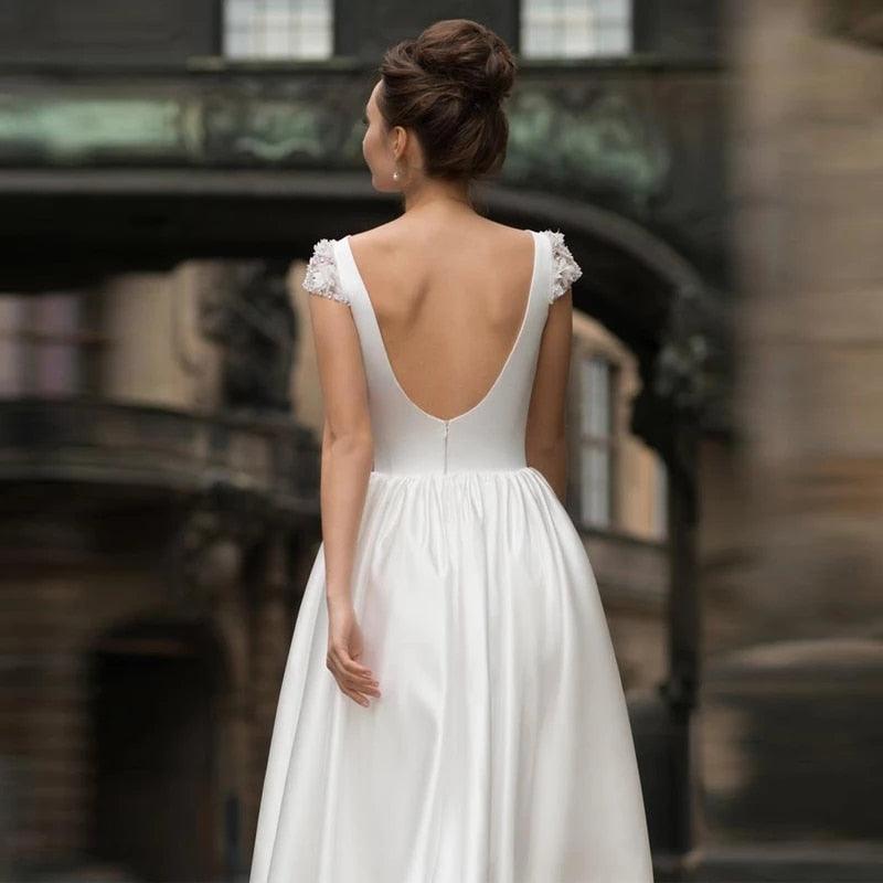 Elegant Cap Sleeve Backless Wedding Dress - Simple & Classic Short Sleeve Bridal Gown for Beach, Garden or Outdoor Ceremonies