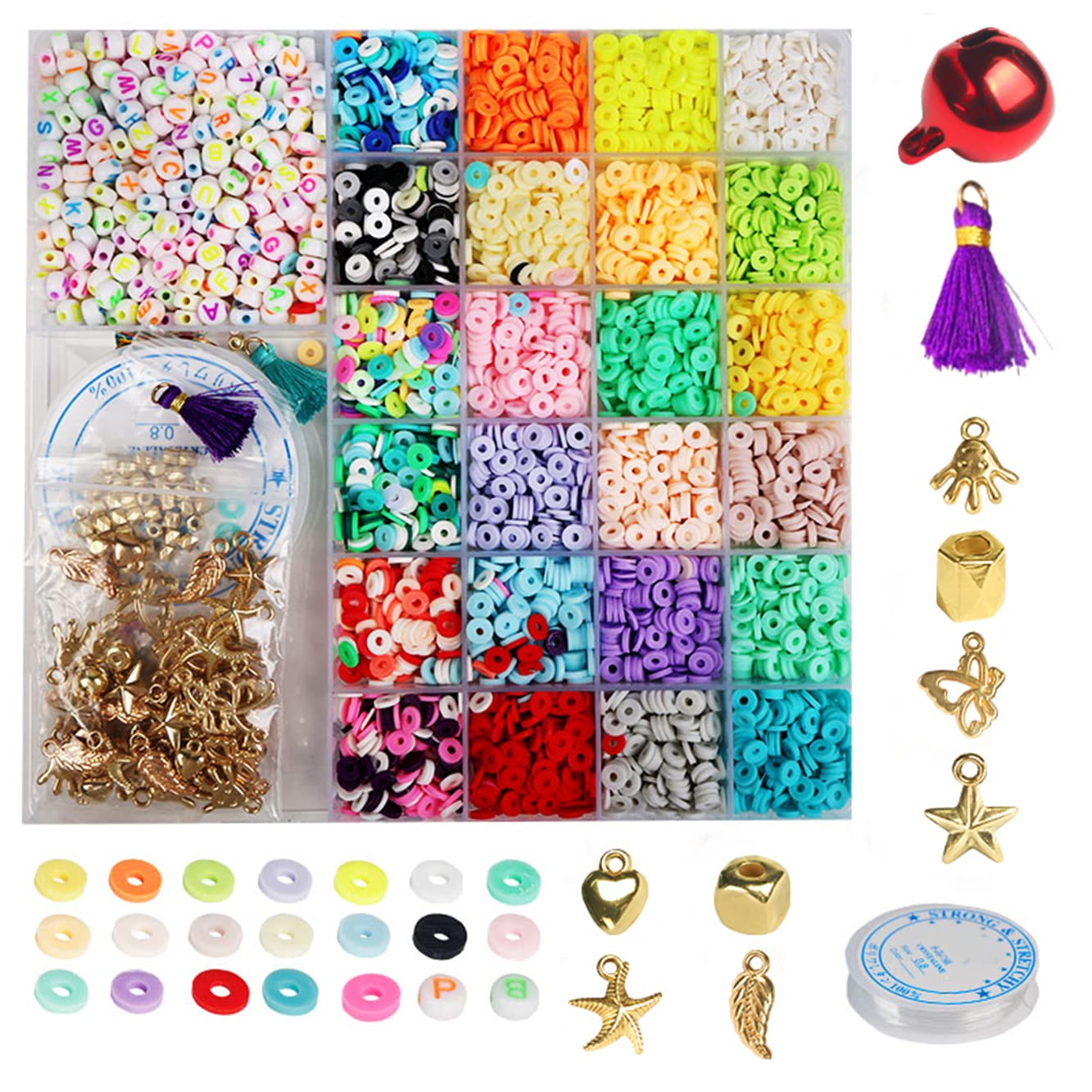 4000Pcs Polymer Clay Beads Kit - Flat Heishi Beads, Letter Beads & Charms for DIY Jewelry Making, Bracelet Crafting - Perfect for Teens, Preppy Style & Creative Projects (Great for Gifts, Parties & Art Classes)