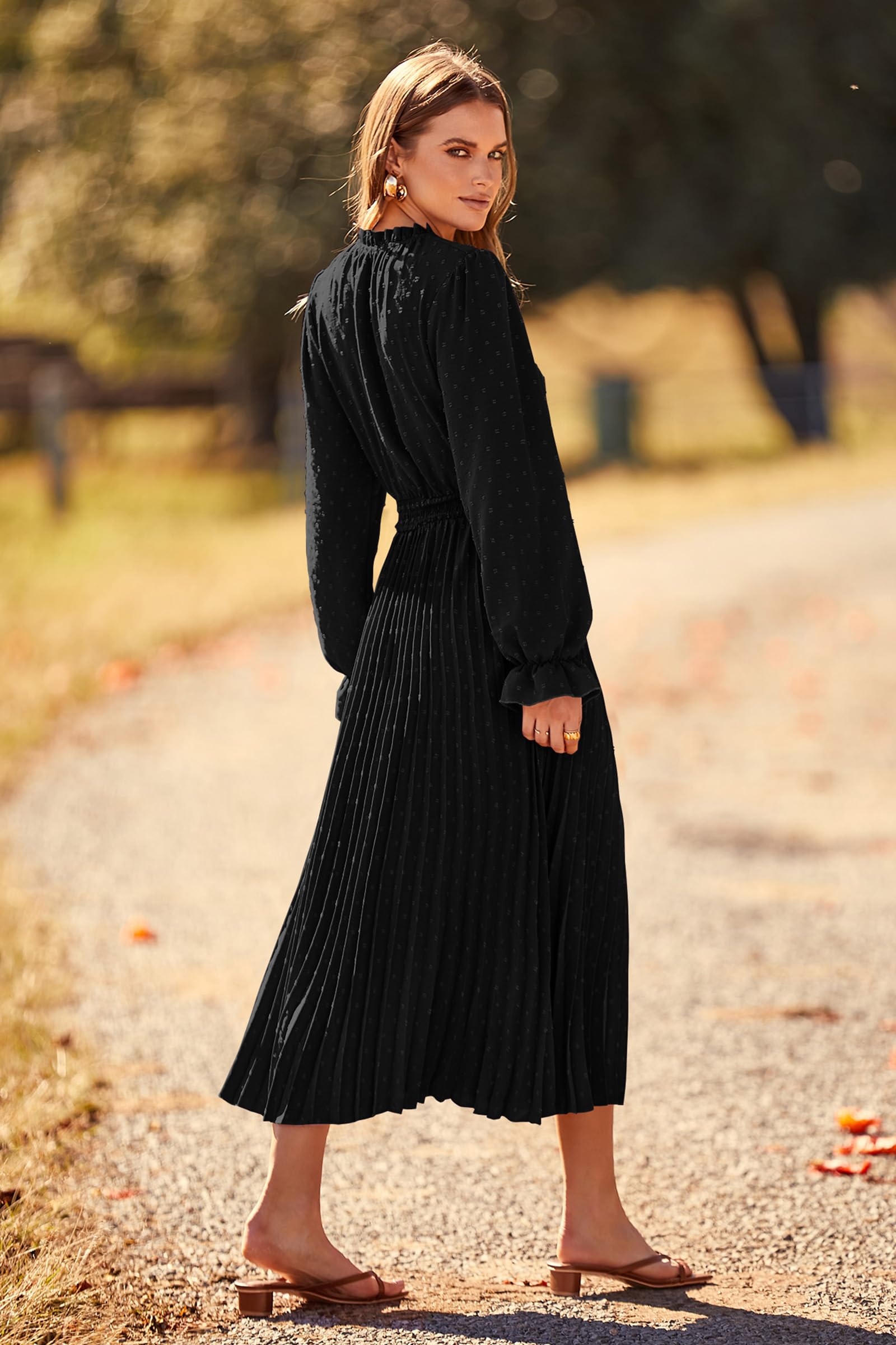 PRETTYGARDEN Women's 2025 Spring Fall Casual Midi Dress - Long Sleeve V-Neck Swiss Dot Pleated A-Line Flowy Dress for Work, Date Night & Special Occasions