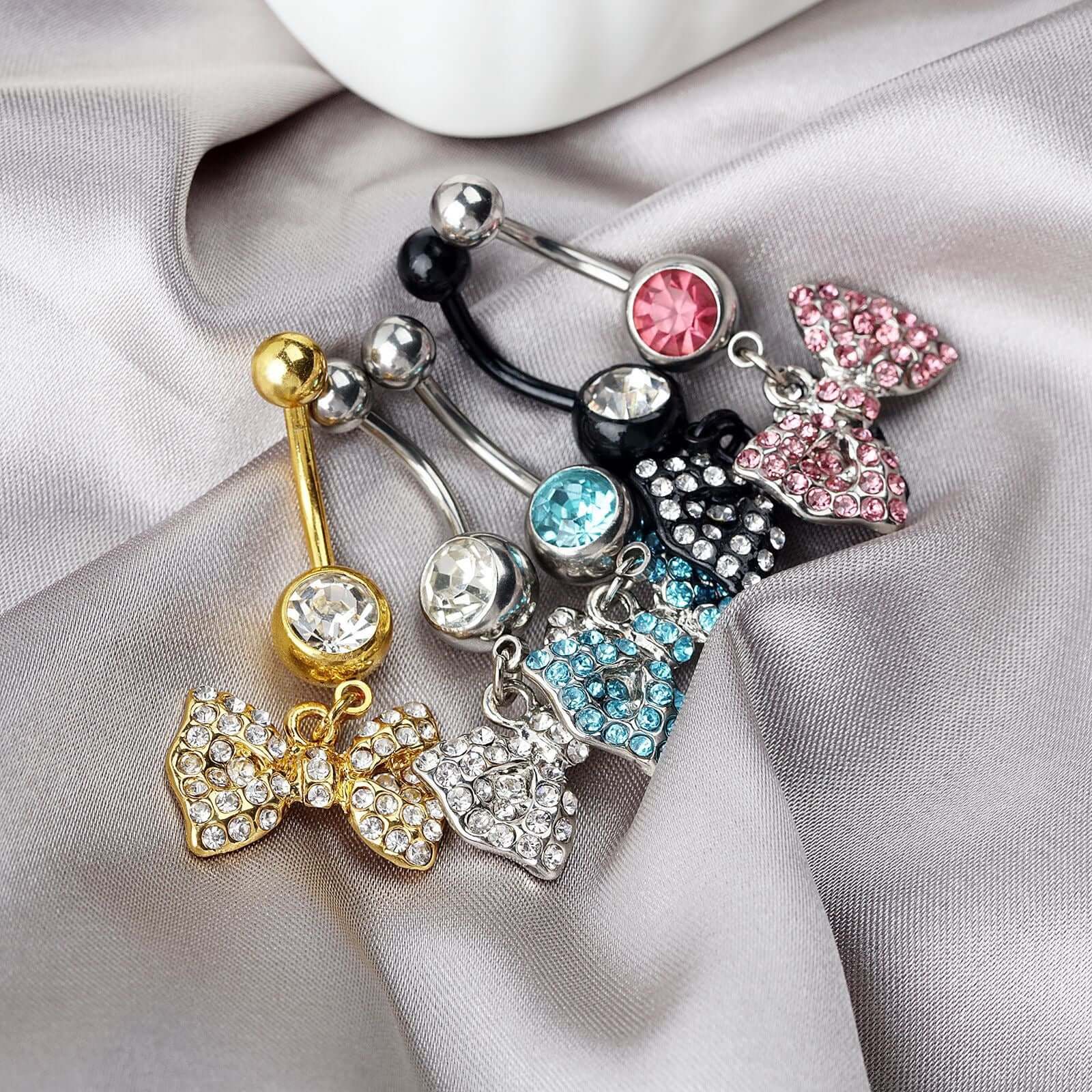 Dangly Diamond Bow Belly Button Rings | UZ471 - Stylish Body Jewelry for Women, Perfect for Parties, Beach & Everyday Wear