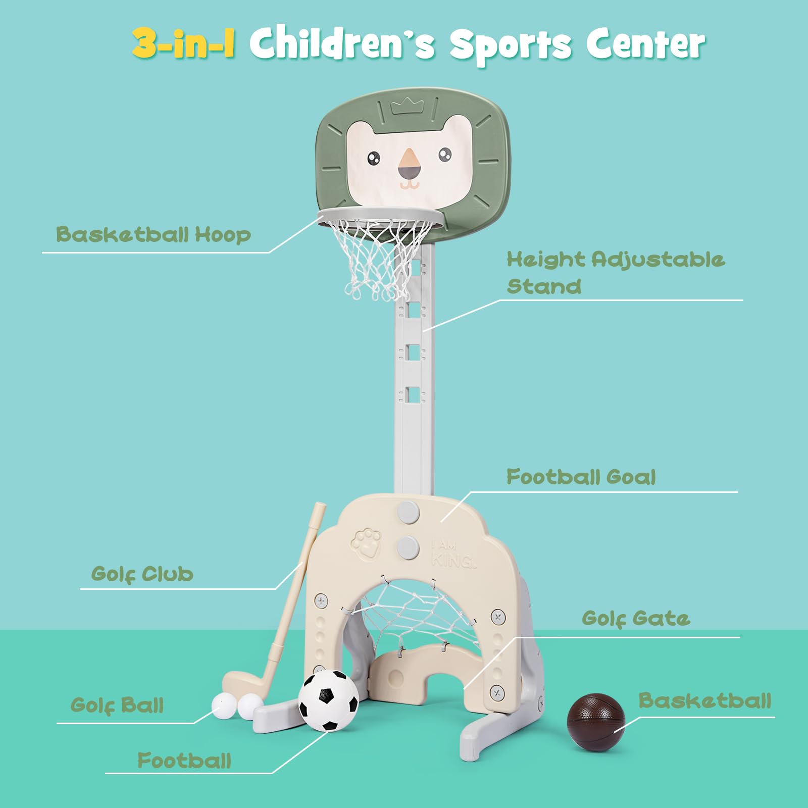 **AKUSTIK 3-in-1 Adjustable Height Toddler Basketball Hoop Stand with Soccer & Golf Games – Portable Indoor/Outdoor Sports Playset for Kids Ages 1-3 – Perfect for Backyard, Playroom & Birthday Gifts**