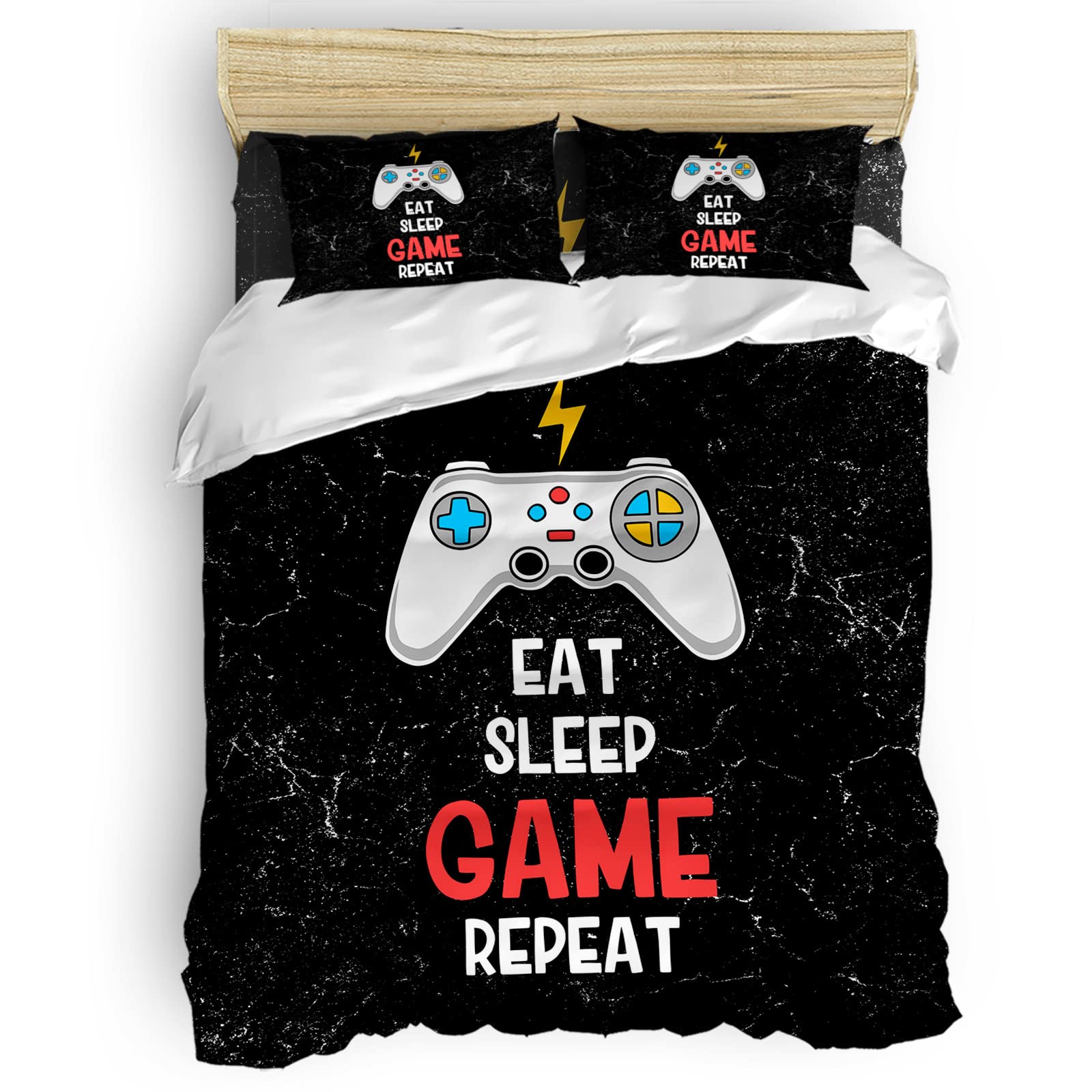 Cal King Video Game Comforter Cover Set - 4 Piece Lightweight Microfiber Duvet Cover for Adults & Teens - Eat Sleep Game Repeat Design - Soft Bedding Set for Gamers - Perfect for Gaming Rooms & Dorm Decor