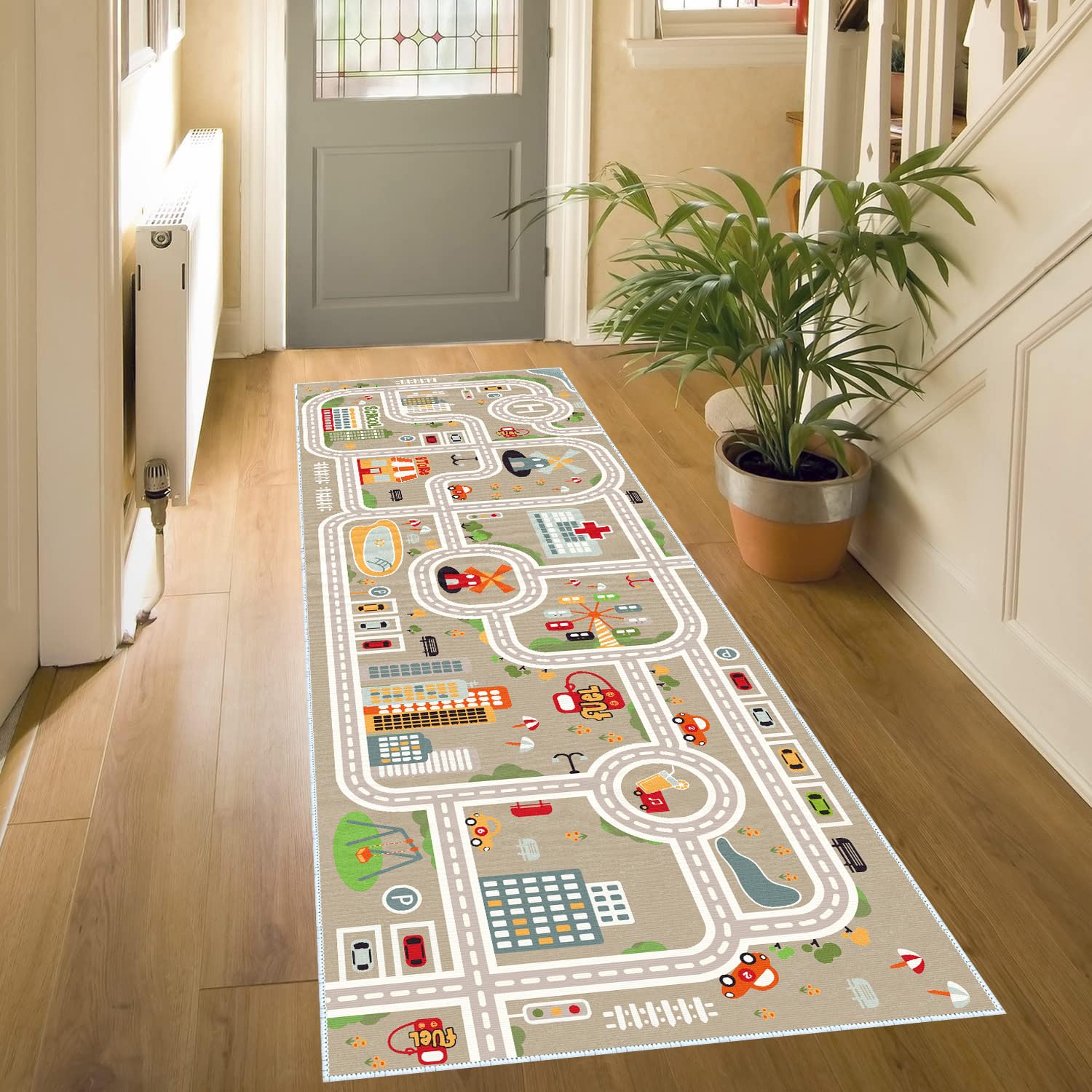 XRYZHC Non-Slip Kids Car Train Play Rug - 2' x 6' Boys Playroom Carpet, Soft Floor Mat for Toddler Bedroom & Nursery - Perfect for Playtime & Learning (Grey, 2x6 Feet)