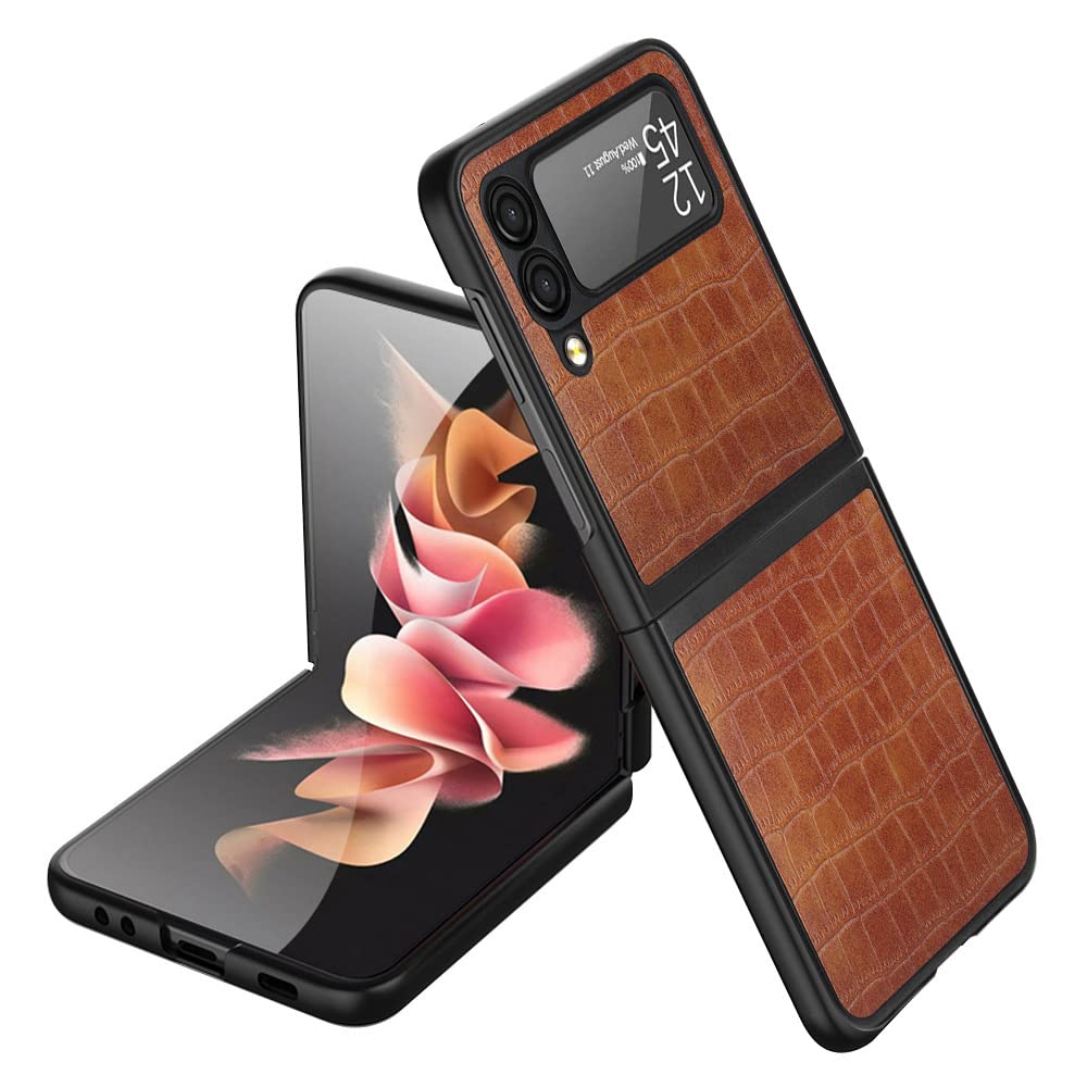 Samsung Galaxy Z Flip 3 Phone Case - Genuine Leather Slim Protective Cover with Crocodile Texture, Ultra Thin Shockproof Hard PC Shell (Brown) | Perfect for Business, Travel & Everyday Use
