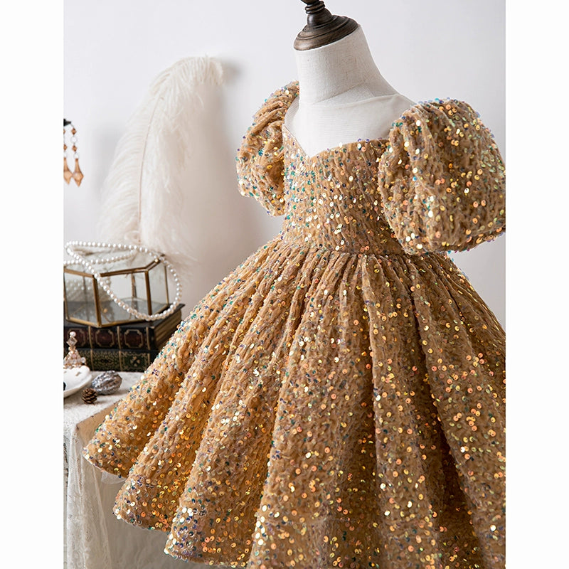 Gold Princess Round Tea Length Sequined Flower Girl Dress for Weddings, Pageants & Special Occasions