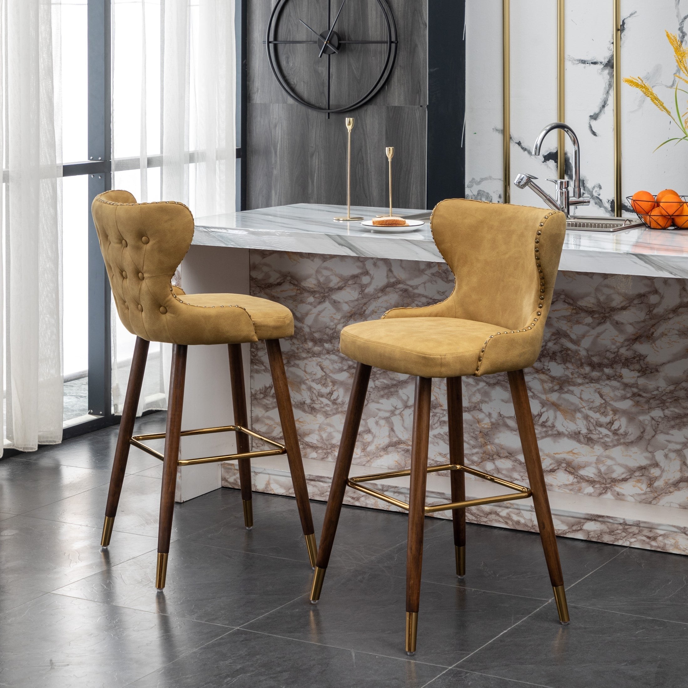 Roundhill Furniture Nevis Mid-Century Modern Faux Leather Tufted Bar Stools with Nailhead Trim - Set of 2 Yellow Counter Height Stools for Kitchen Island, Breakfast Bar & Home Decor