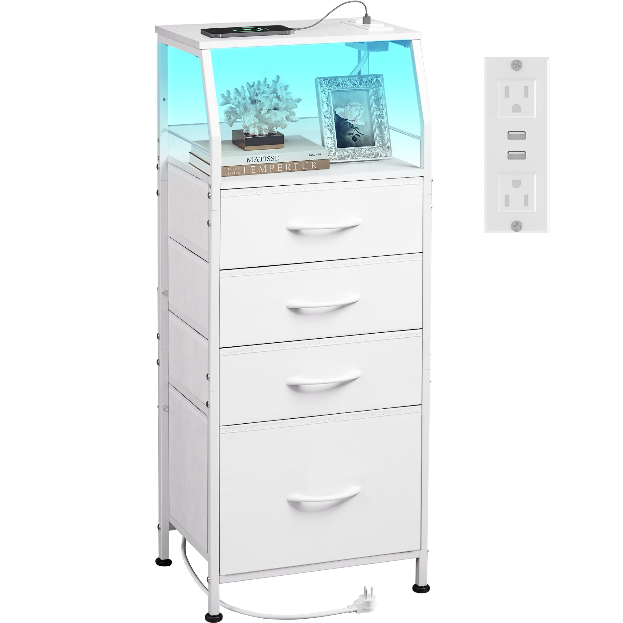 WLIVE White Night Stand with USB Charger Station, LED Light & 4 Storage Drawers - 37.48