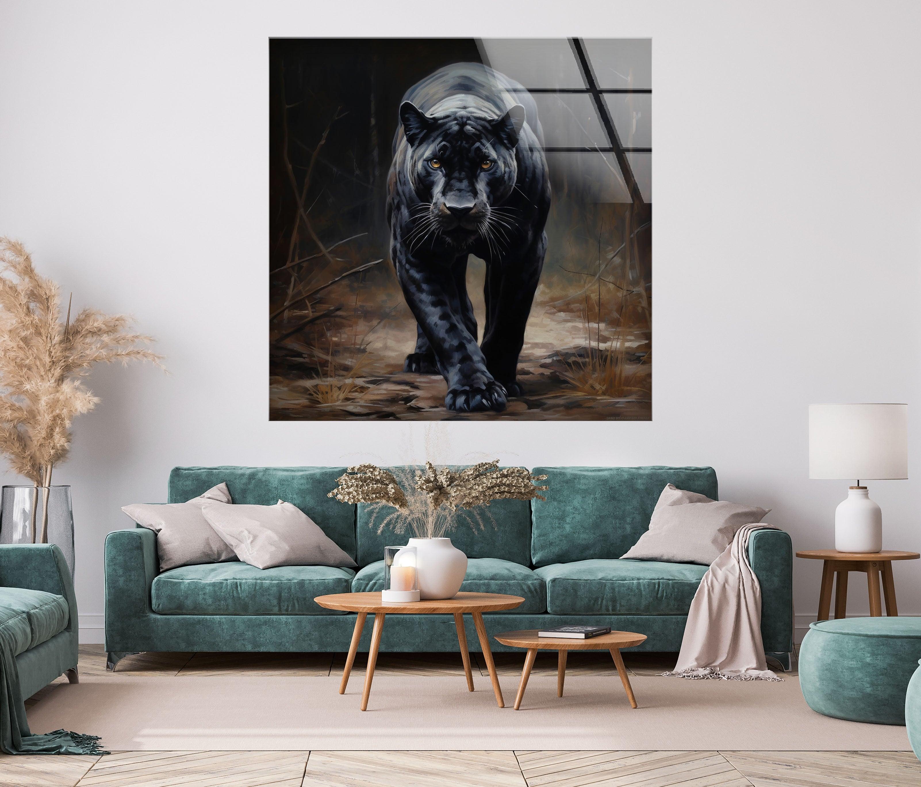 Stylish Black Puma Glass Wall Art Decor - Modern Animal Themed Home & Office Decoration - Perfect for Living Room, Bedroom, or Office Spaces