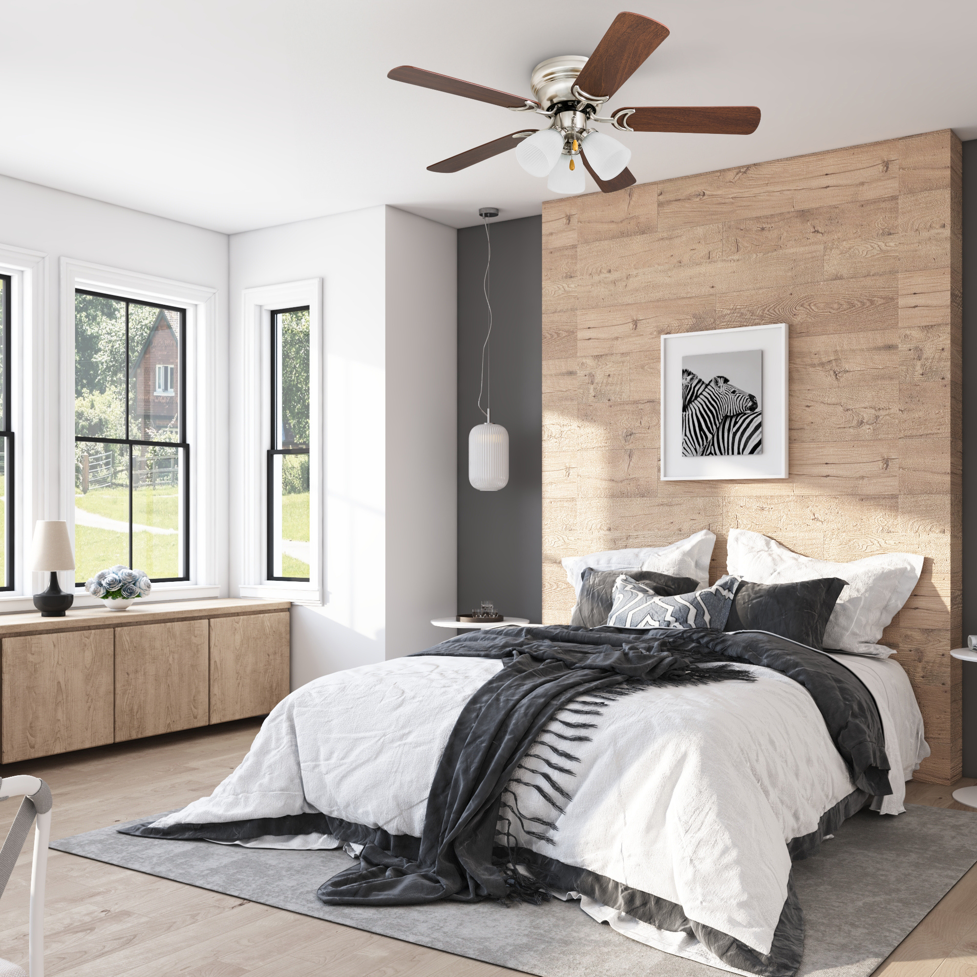 42 Inch Whitley Ceiling Fan with Pull Chain in Satin Nickel Finish - Perfect for Living Room, Bedroom, and Outdoor Patio Cooling