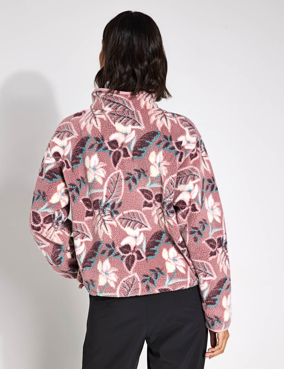 Helvetia II Cropped Sherpa Half Snap Printed Fleece Jacket in Fig Pastel Multi Colors - Cozy Winter Outerwear for Women, Perfect for Casual Outings and Outdoor Adventures