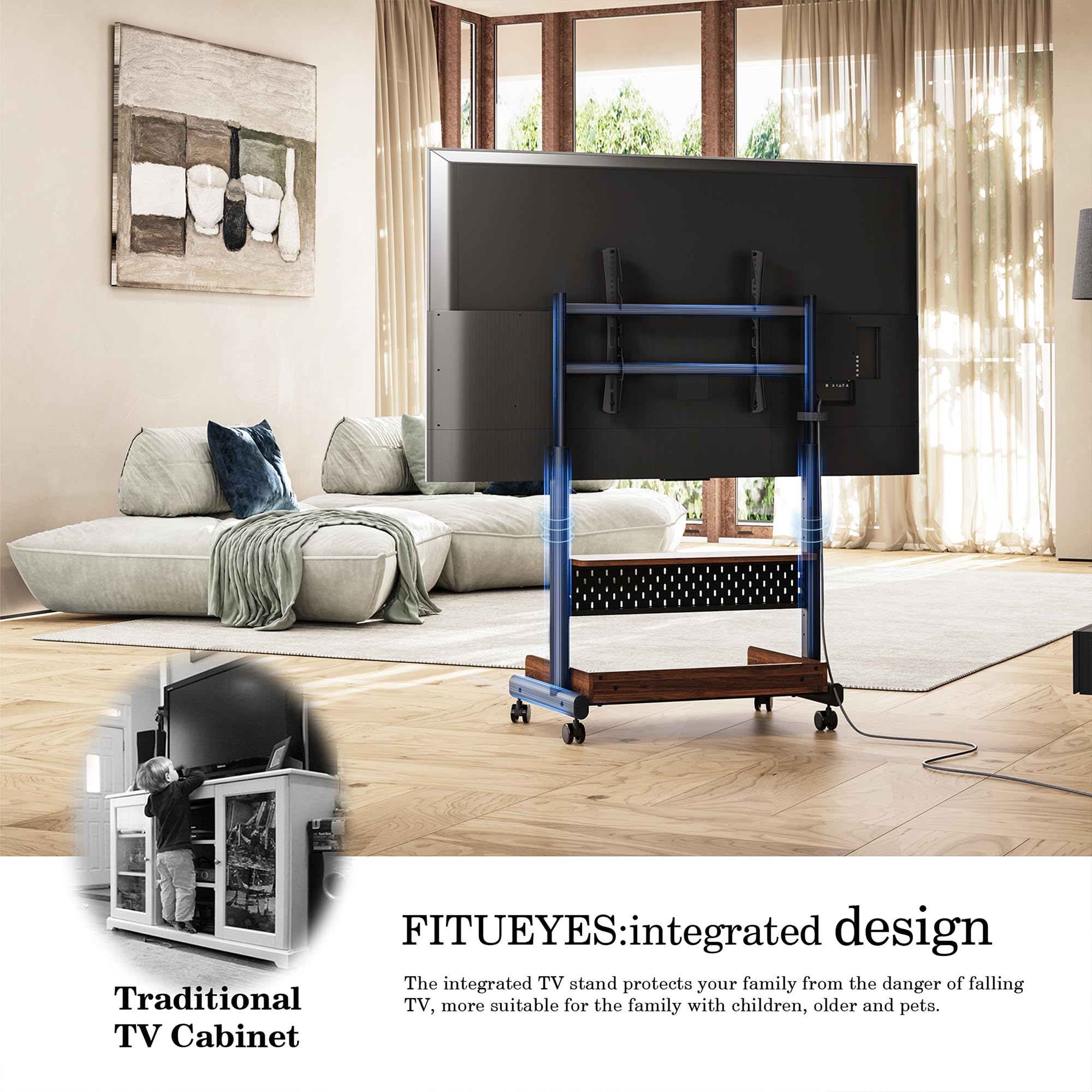FITUEYES Universal TV Stand with Wheels for 40-85 Inch LED LCD Flat Screen TVs - Corner TV Stand with Storage Shelves, Peg Board & Wooden Shelf - Perfect for Living Room, Bedroom or Home Theater Setup