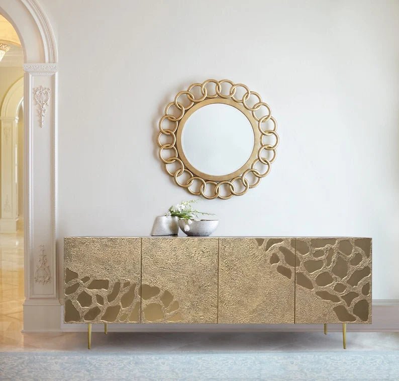 Handmade Deco Style Golden Brass Metal Four Door Sideboard - Vintage Art Deco Buffet Cabinet for Dining Room, Living Room, or Entryway Storage