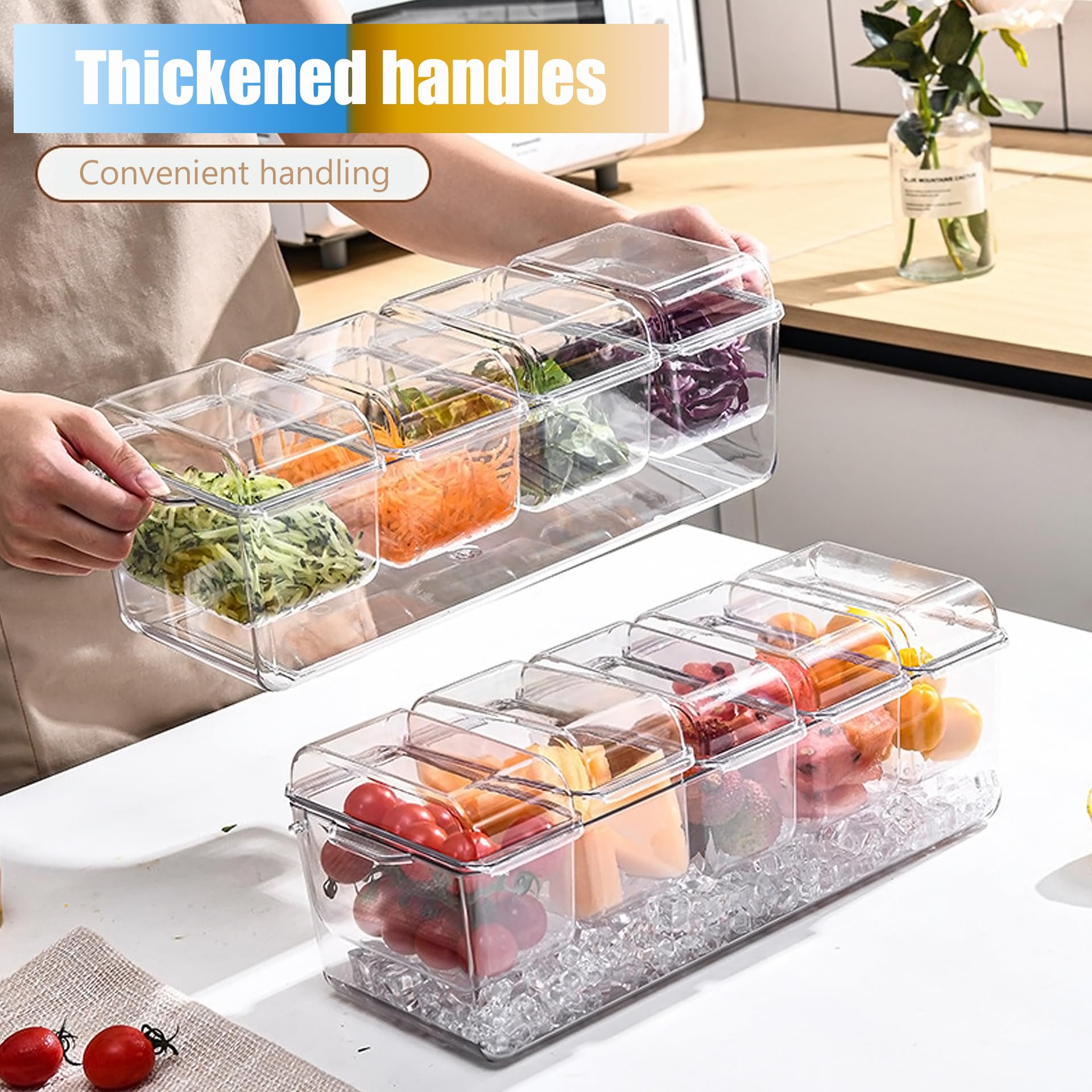 Ice Chilled Condiment Caddy with 4 Containers (2.8 Cup Capacity) - Airtight Lids, Party Serving Tray for Fruits, Salads, Nuts, Candy & Snacks - Perfect for Taco Bars, BBQs, Picnics & Outdoor Gatherings