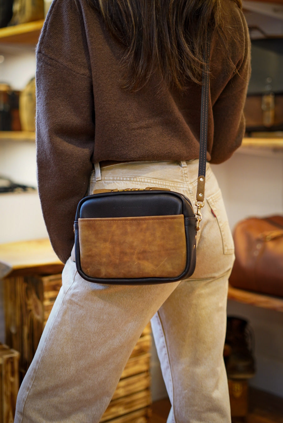 Premium Rectangle Crossbody Bag - Pebbled Black & Brown Leather - Perfect for Work, Travel & Everyday Use