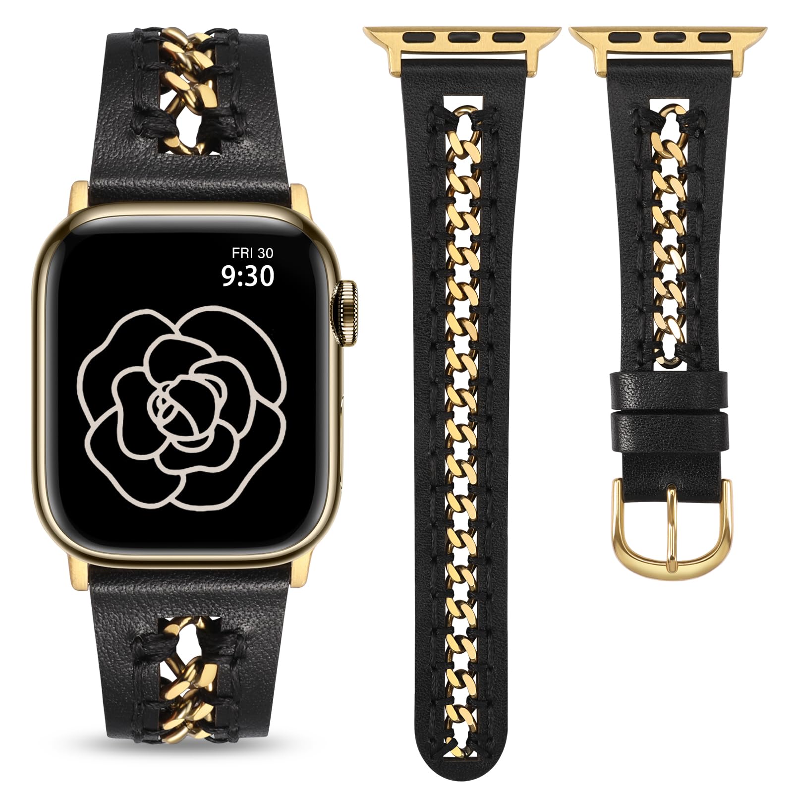 TOYOUTHS Genuine Leather Apple Watch Band for Women - Compatible with 38mm/40mm/41mm/42mm iWatch Series 10/9/SE/8/7/6/5/4/3/2/1 - Fashionable Leather Bracelet with Metal Chain Accents - Black & Gold - Perfect for Work, Casual Wear & Western Style Outfits