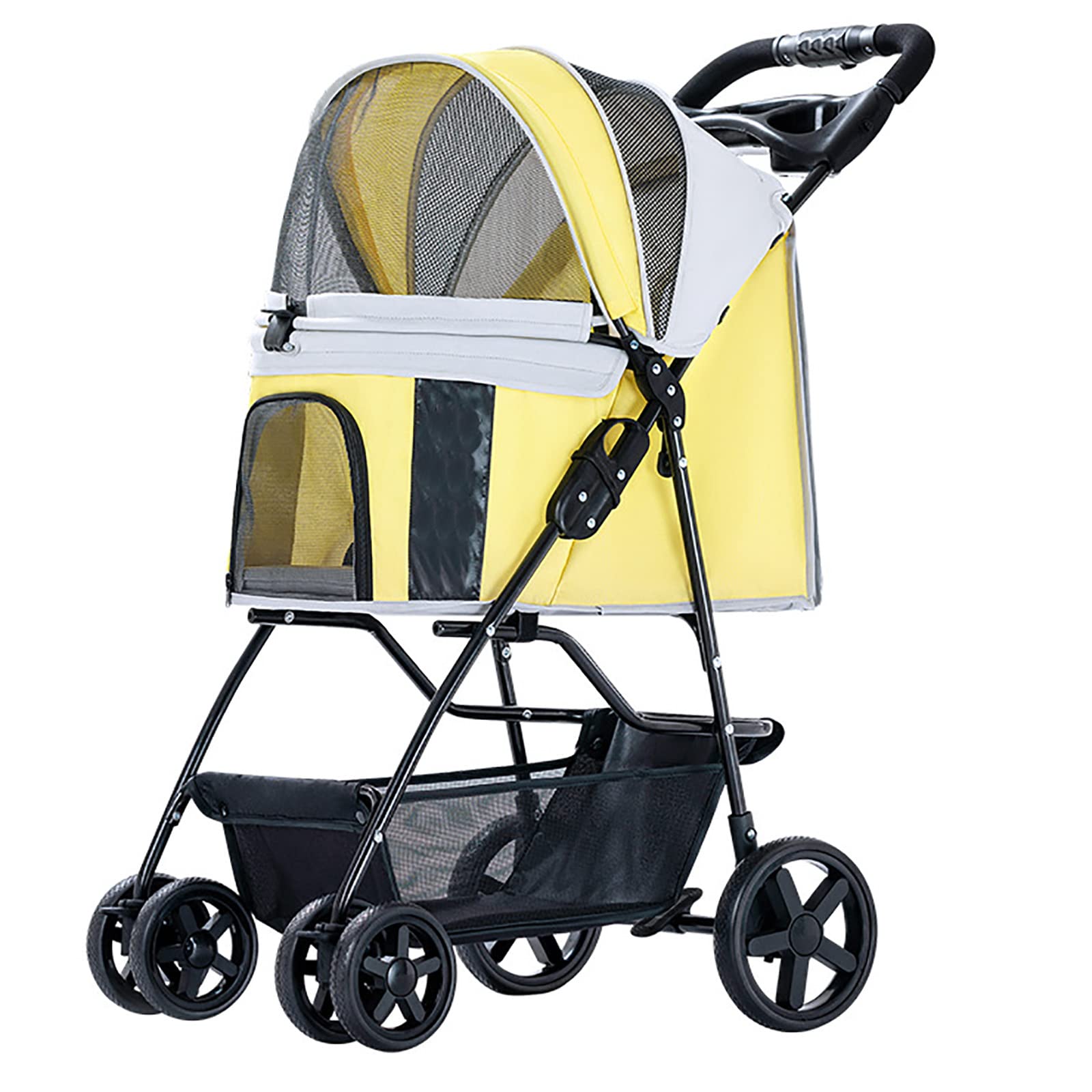 Foldable 4-Wheel Pet Stroller for Dogs & Cats - Weatherproof Carrier with Storage Basket & Brake System | Perfect for Outdoor Walks, Vet Visits & Travel Adventures