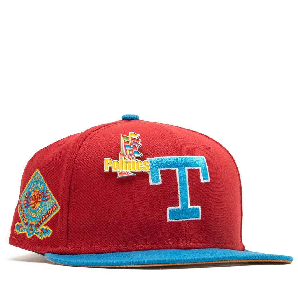 New Era x Politics Texas Rangers 59FIFTY Fitted Hat - Pinot Red/Cardinal Blue - Official MLB Baseball Cap for Men & Women - Perfect for Rangers Games, Sports Events & Streetwear Fashion