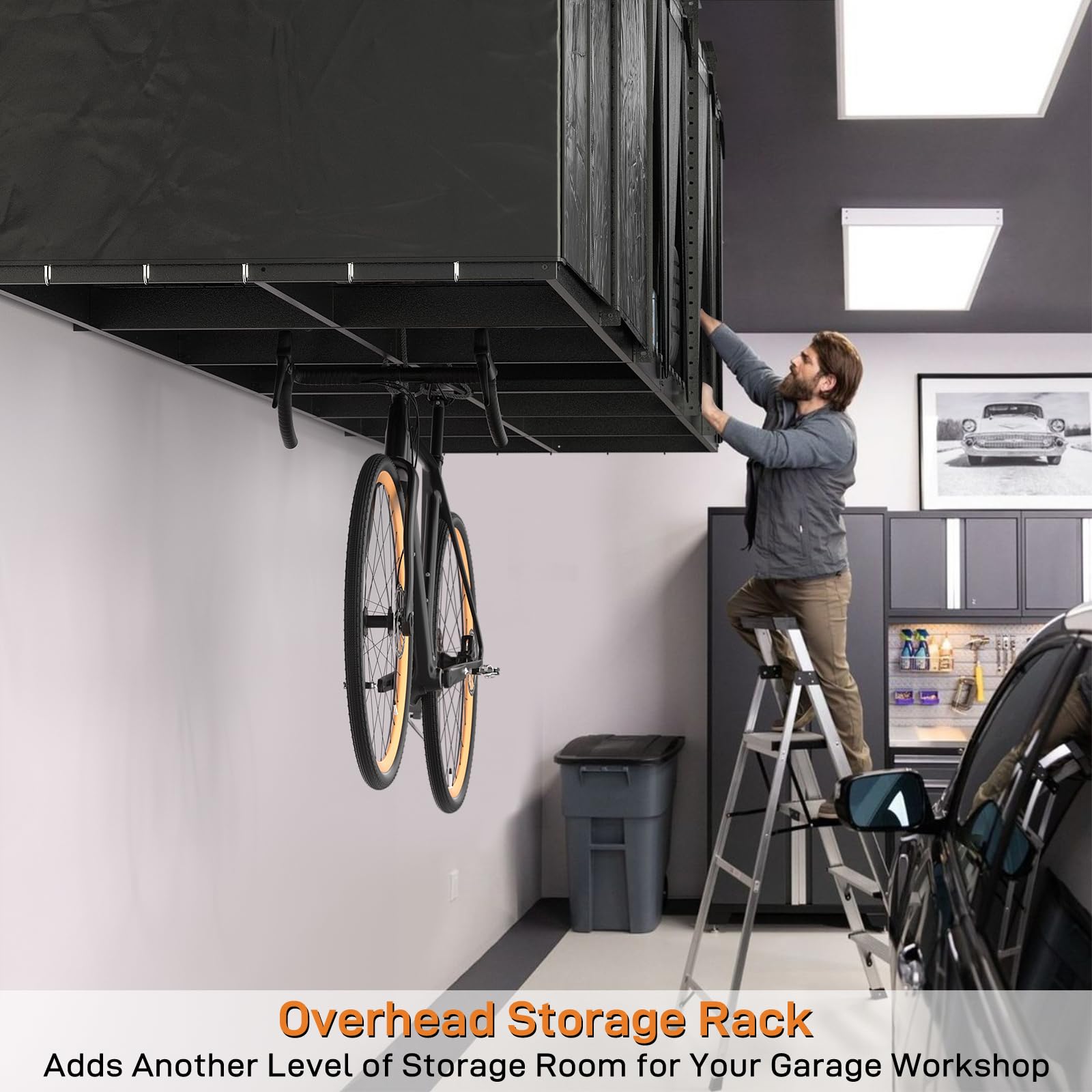 Heavy Duty L-Shaped Overhead Garage Storage Rack - Adjustable Height 700LB Capacity with Oxford Cover - Reversible Ceiling Storage System for Garage, Warehouse & Home Organization - Perfect for Storing Seasonal Items, Sports Equipment & Bulk Supplies
