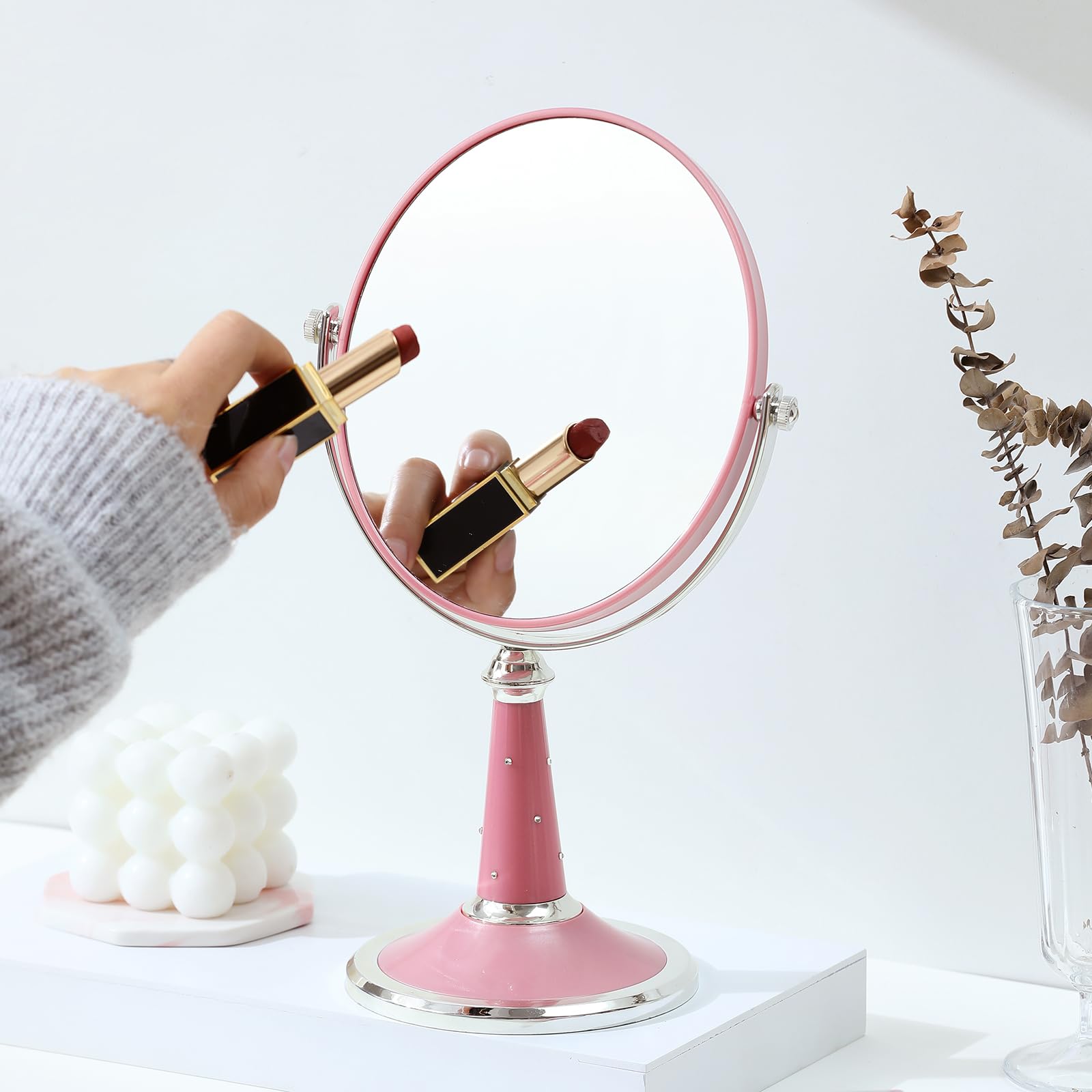 XPXKJ 6-Inch Two-Sided Swivel Vanity Makeup Mirror with 3X Magnification & Diamond Design - Perfect for Dressing Table, Bathroom, and Travel (Pink)