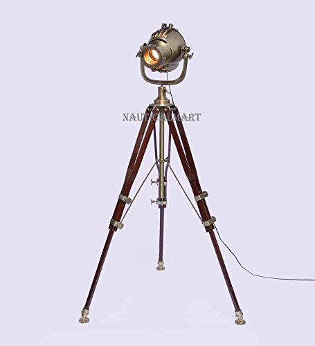 Royal Marine Brass & Wood Tripod Floor Lamp - Nautical Decor for Living Room, Bedroom, or Office - Vintage Style Adjustable Height Lighting