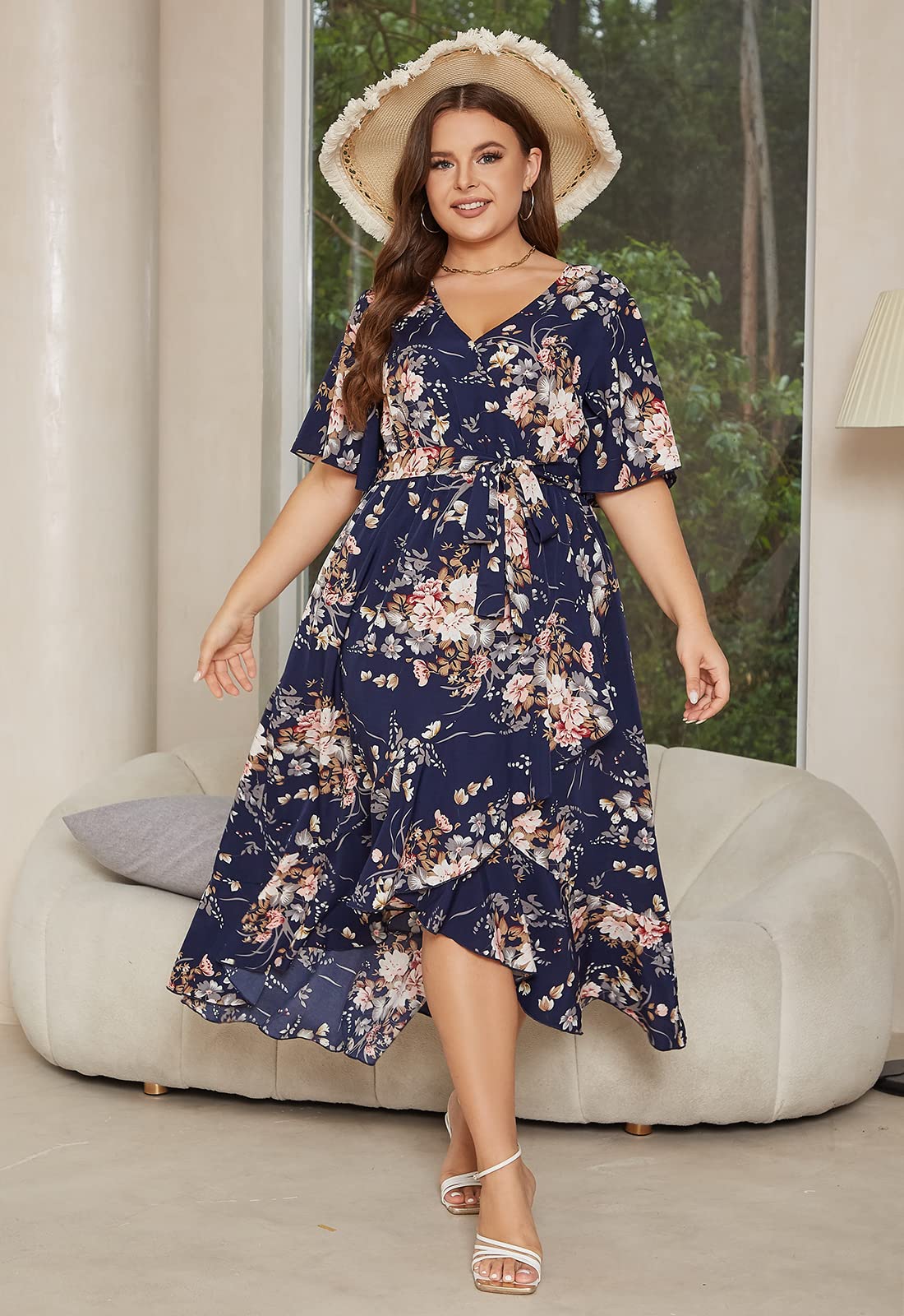 Plus Size Wedding Guest Maxi Dress for Women - Summer Boho Floral Wrap Dress with Sleeves & Pockets | Elegant Church, Garden Party & Special Occasion Outfit