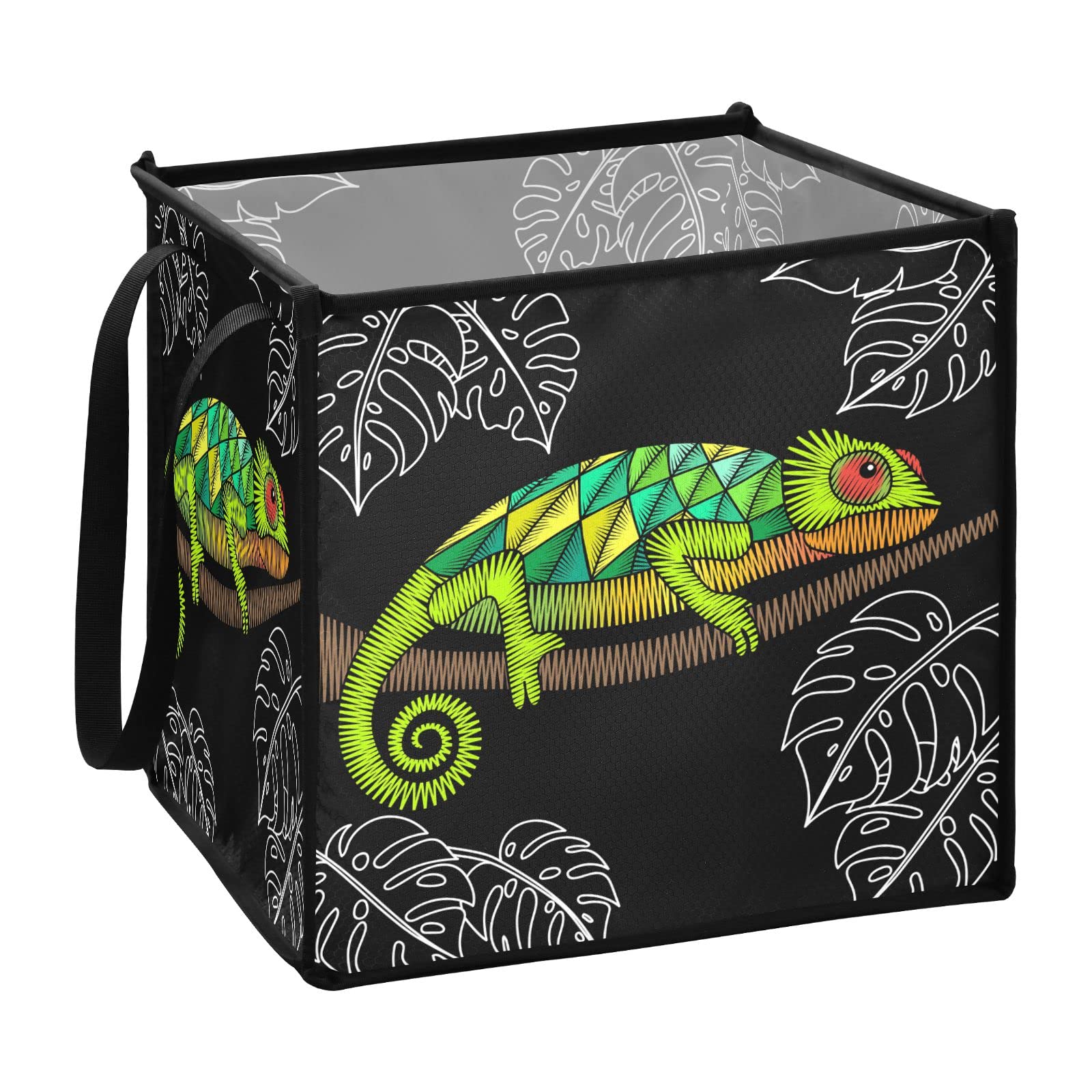 Green Chameleon Embroidery Collapsible Storage Bin with Handles - 13x13x13 Inch Black Square Cloth Cube Organizer for Toys, Nursery, Shelves & Closet | Perfect for Kids' Room Organization & Home Decor