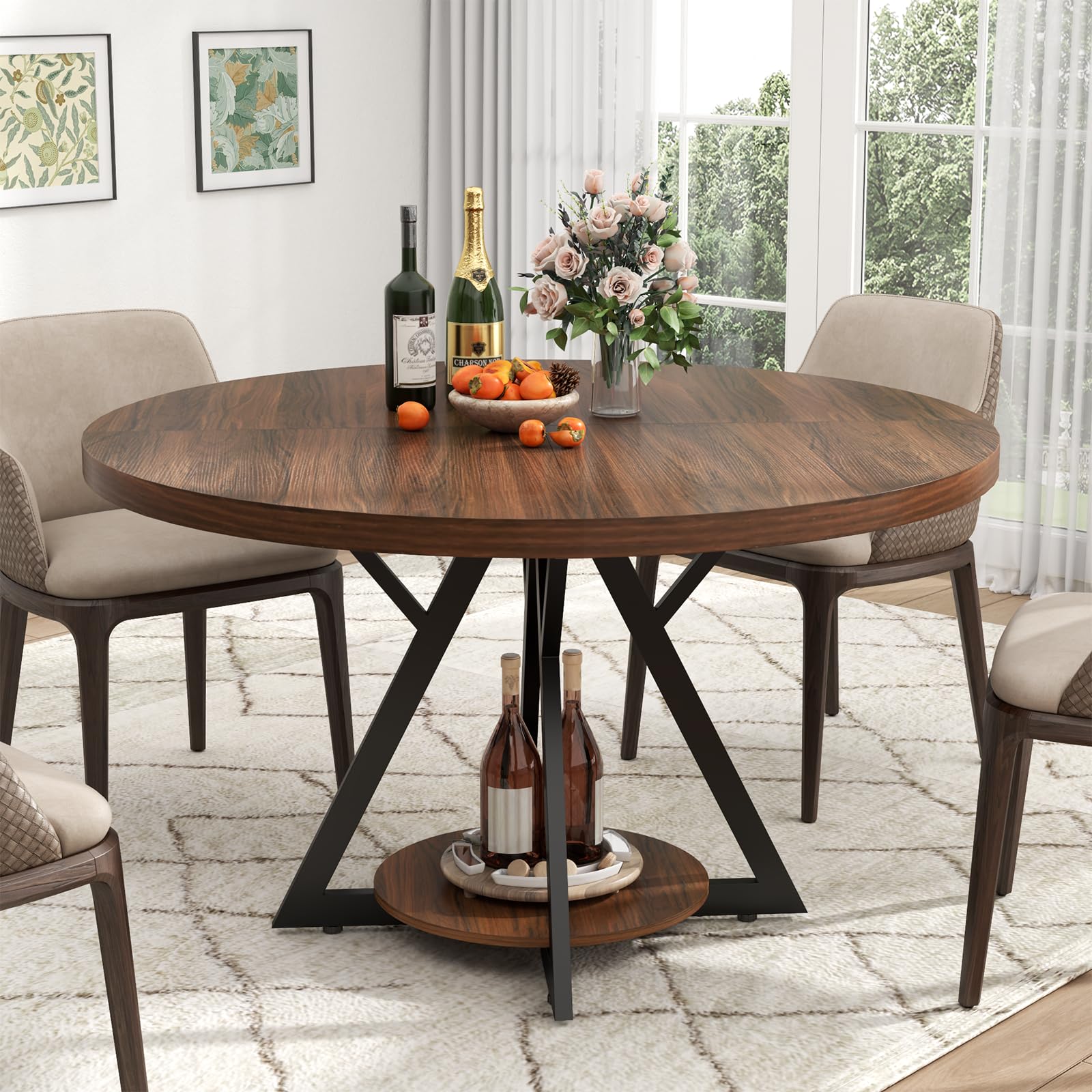 Modern Round Dining Table for 4 - 47.24 Inch Farmhouse Kitchen Table with Metal Base & Wooden Top | Adjustable Pads for Stability | Perfect for Small Spaces, Kitchen, Dining Room & Living Room