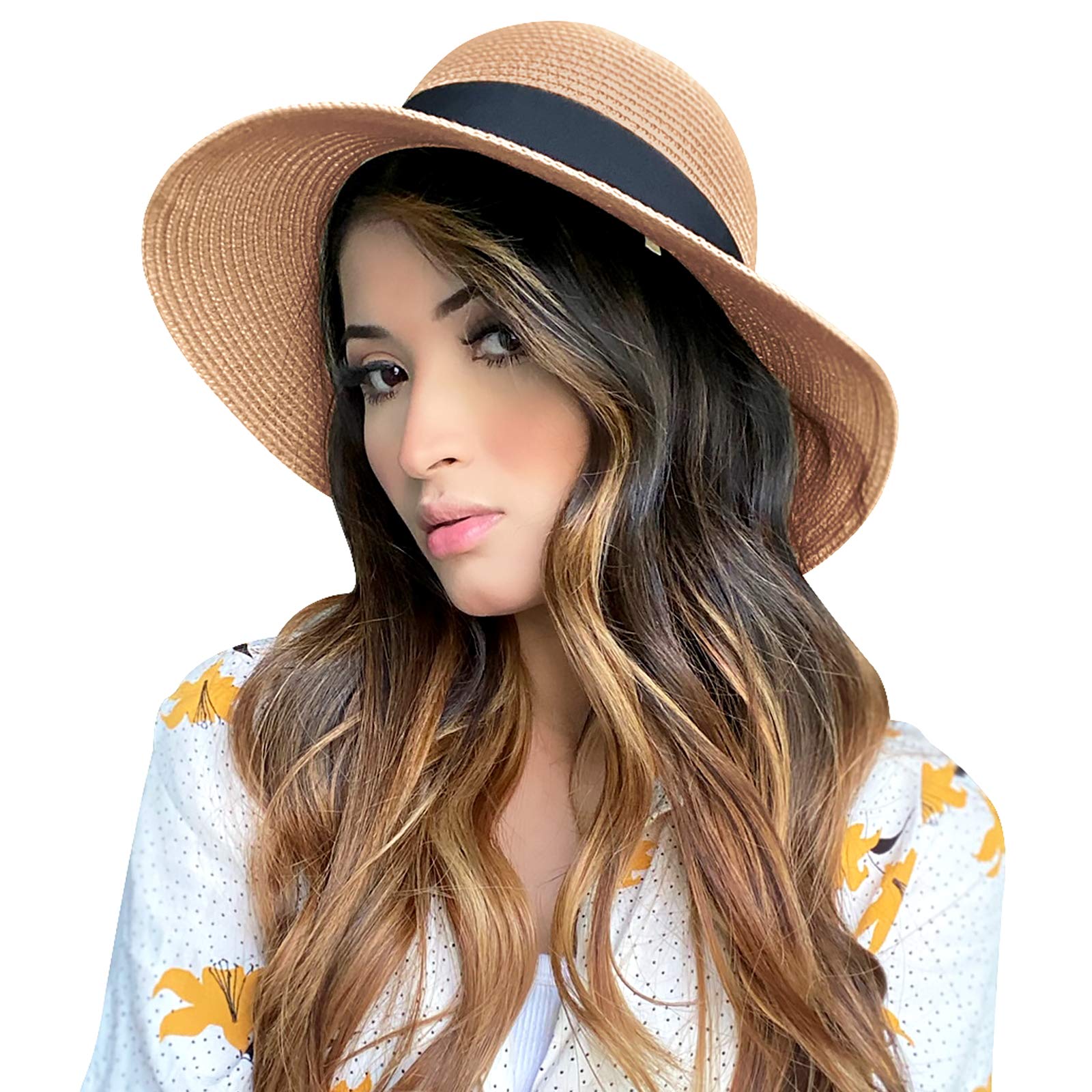 Women's Straw Sun Hat with Wind Lanyard - Wide Brim UPF 50+ Foldable Panama Hat for Beach, Summer, Travel & Outdoor Activities - Classic Style for Sun Protection & Fashion
