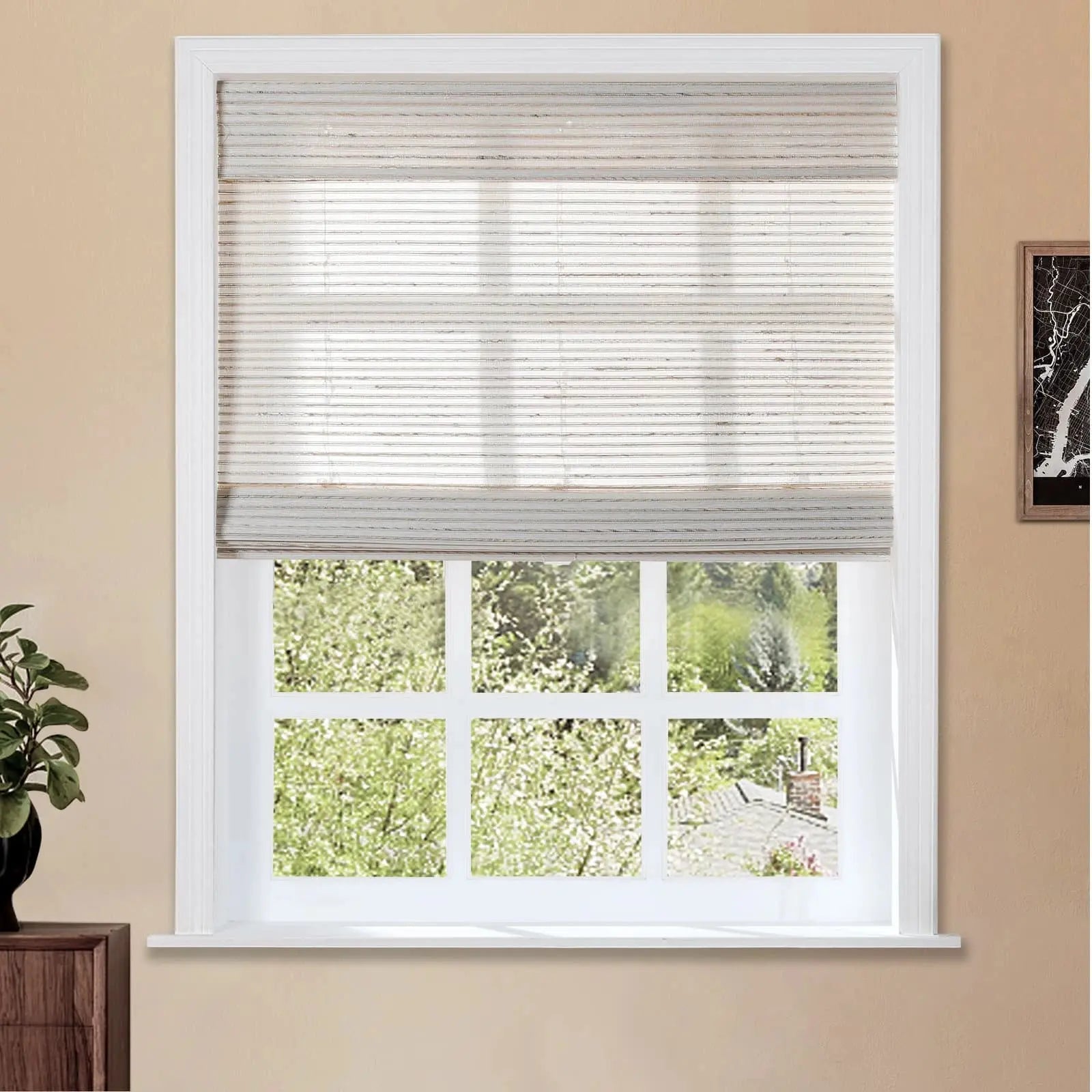 Natural Bamboo Woven Window Shade - Cream Color Eco-Friendly Roller Blind for Living Room & Bedroom Privacy & Sun Protection
