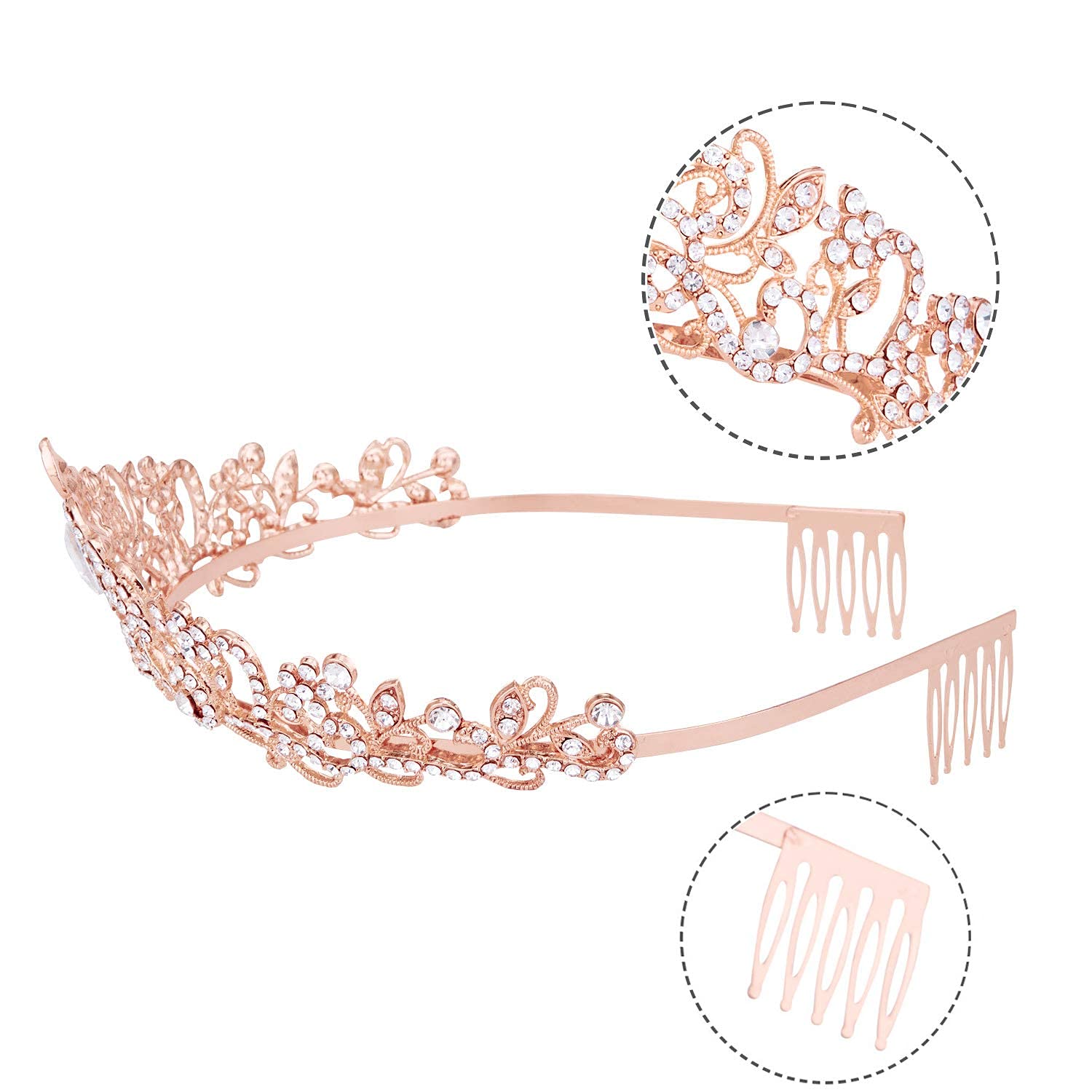 Elegant Rose Gold Crystal Rhinestone Tiara Crown for Women & Girls - Perfect for Bridal, Birthday, Wedding, Pageant, Prom, Halloween & Costume Parties | Hair Accessories with Combs for Princess & Queen Looks