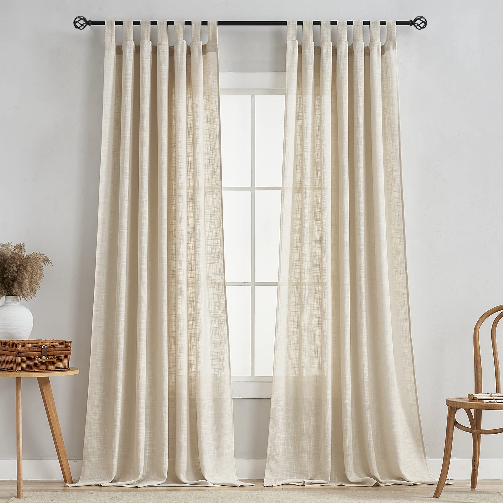 VOILYBIRD Semi Sheer Linen Curtains - Light Filtering Tab Top Window Drapes for Living Room & Bedroom, 52 x 84 Inches (Set of 2 Panels), Beige - Elegant Home Decor for Natural Light Control & Privacy