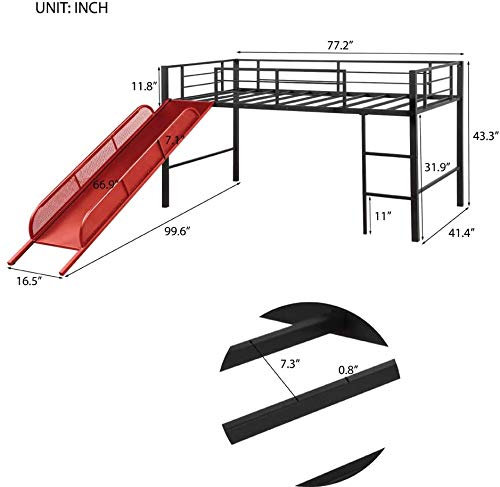 **Metal Twin Low Loft Bed with Slide & Guardrails for Kids - Safe Toddler Bed for Boys & Girls, No Box Spring Needed, Space-Saving Multifunctional Design (Red) - Perfect for Small Bedrooms, Playrooms & Dorm Decor**