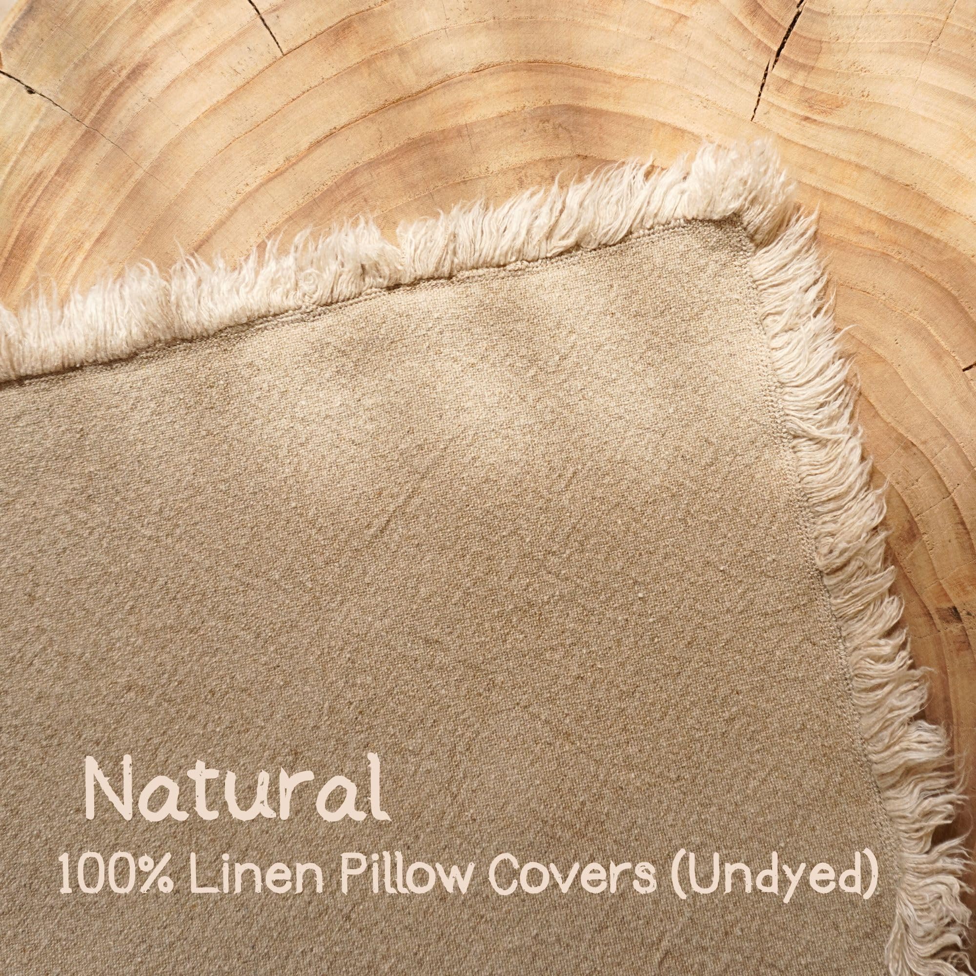 Premium 100% Linen Boho Throw Pillow Covers 18x18 Inches (Set of 2) - Natural Beige Neutral Decorative Pillows with Handmade Fringes for Couch, Bed, Sofa, Patio & Outdoor Decor | Soft & Breathable Accent Pillow Covers for Living Room, Bedroom & Garden
