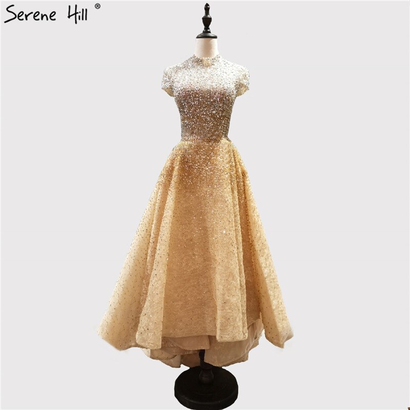 Luxury Gold High Neck Asymmetrical Beaded Sequined Evening Gown - Elegant Sleeveless Formal Dress for Prom, Gala & Special Occasions | Serene Hill LA60757