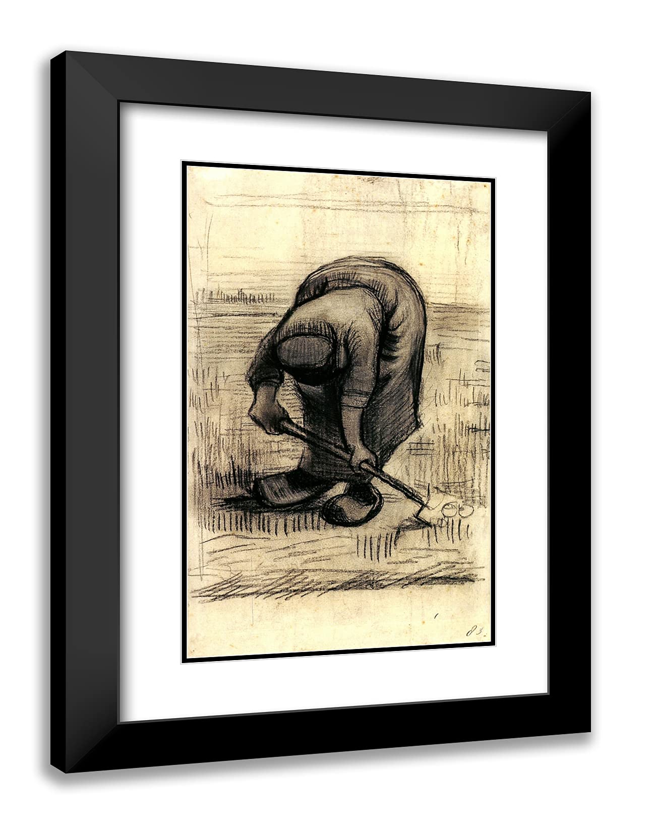 Van Gogh 'Peasant Woman Lifting Potatoes II' 18x24 Framed Art Print - Black Modern Double Mat Wall Decor for Living Room, Bedroom & Office