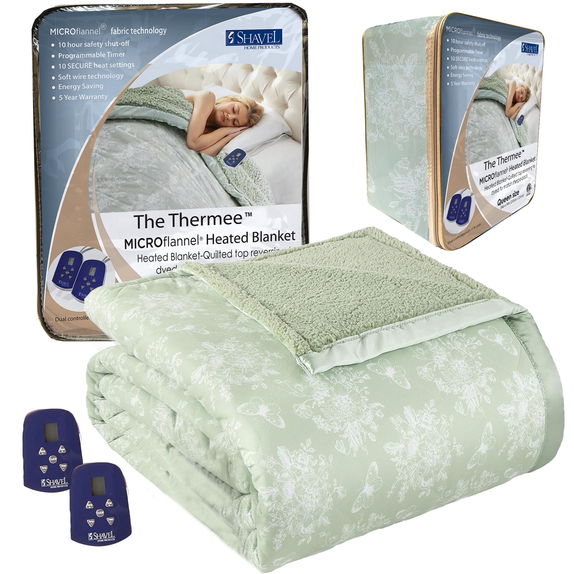 Thermee Micro Flannel Heated Blanket with Sherpa Back - 10 Heat Settings Electric Blanket Queen Size, Programmable Heating Blanket for Bed & Sofa - Ultra-Soft Thermal Throw Blanket in Toile Celery Green - Perfect for Cold Nights & Cozy Relaxation