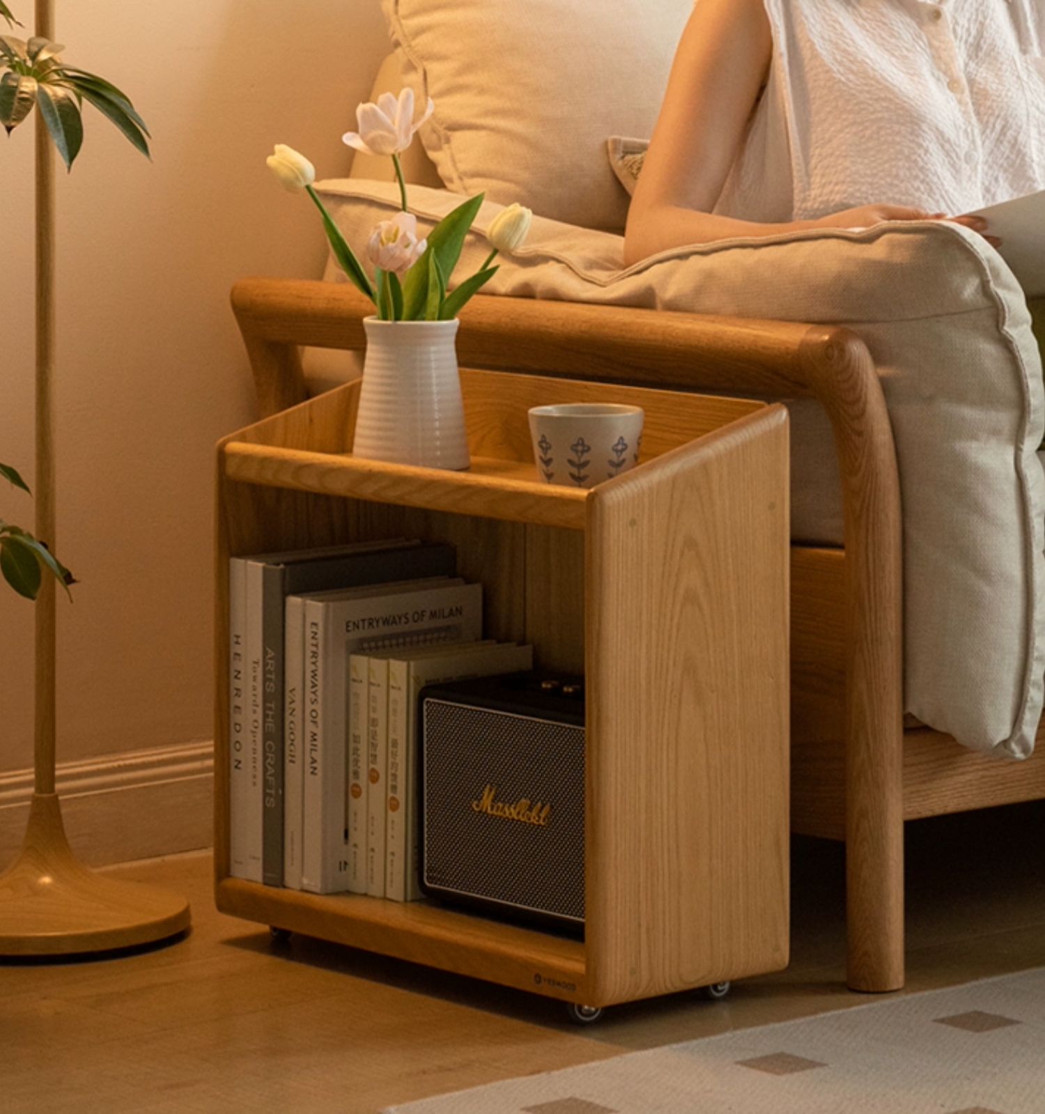 Solid Oak Wood Under Table Bookshelf - Movable Storage Shelf for Books, Toys & Decor - Perfect for Living Room, Bedroom & Office Organization