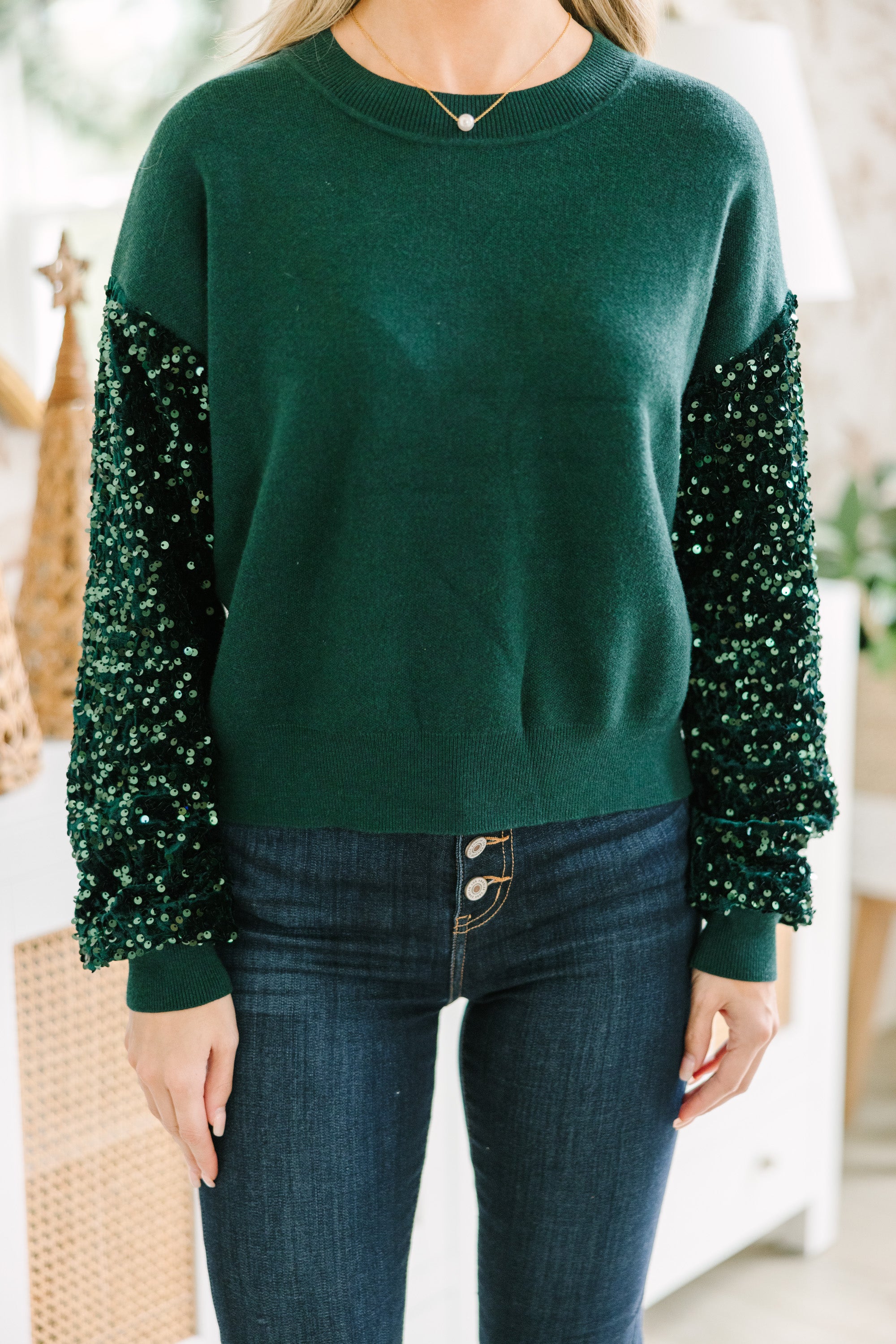 Emerald Green Sequin Sweater for Women - Sparkly Party Top for Christmas, New Year & Holiday Celebrations
