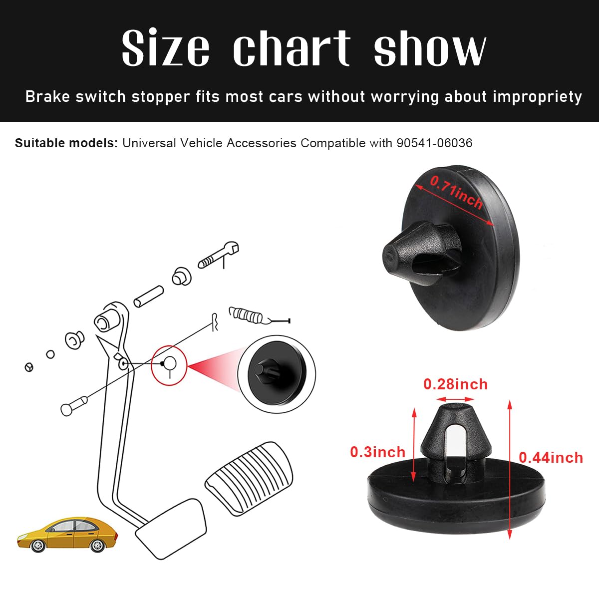 Ziciner 4 PCS Universal Car Brake Switch Pedal Stop Pads - Rubber Automotive Clutch Pedal Stopper & Brake Light Switch Stopper - Compatible with 90541-06036 - Perfect for Sedans, SUVs, and Trucks - Enhances Driving Safety and Comfort