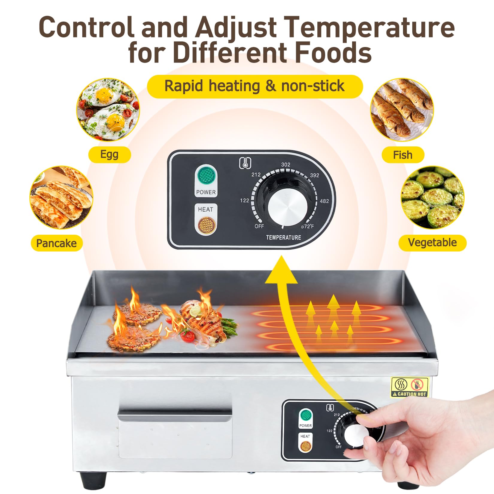 GARVEE 18 Inch Commercial Electric Grill - 1600W Non-Stick Stainless Steel Griddle with Adjustable Temperature (122°F-572°F) - Perfect for Home Kitchen, Restaurant, BBQ Party & Outdoor Cooking (No Plug Included)