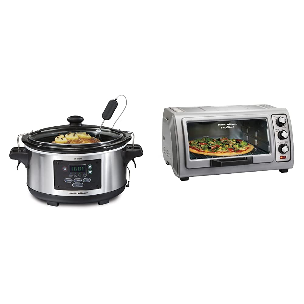 **Hamilton Beach 6-Quart Portable Slow Cooker & 6-Slice Toaster Oven Set - Stainless Steel, Digital Programmable, Lid Lock, Bake Pan - Perfect for Family Dinners, Meal Prep & Entertaining**