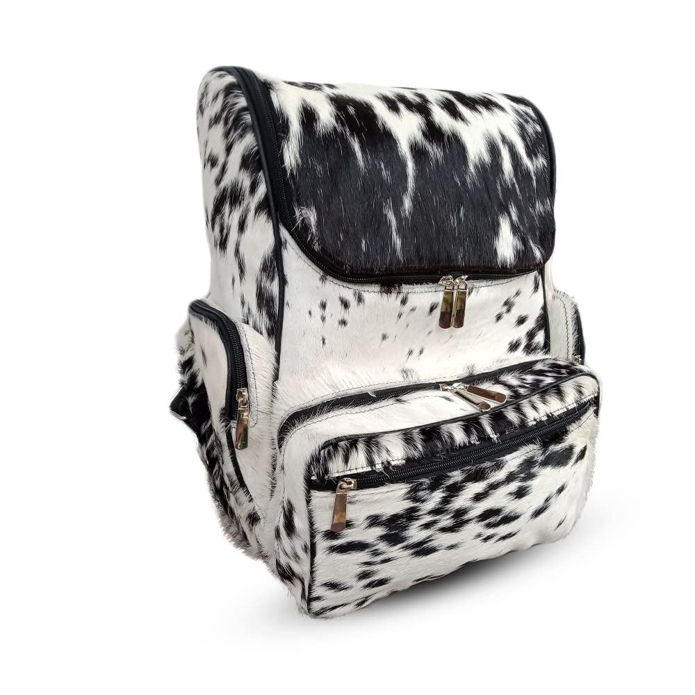 Premium Cowhide Backpack with Natural Hair On | Genuine Fur Leather Diaper Bag, Travel Rucksack & Shoulder Knapsack - Durable Cow Skin Baby Bag (Black & White) for Moms, Dads & Travel Enthusiasts | Perfect for Parenting, Outdoor Adventures & Daily Commute