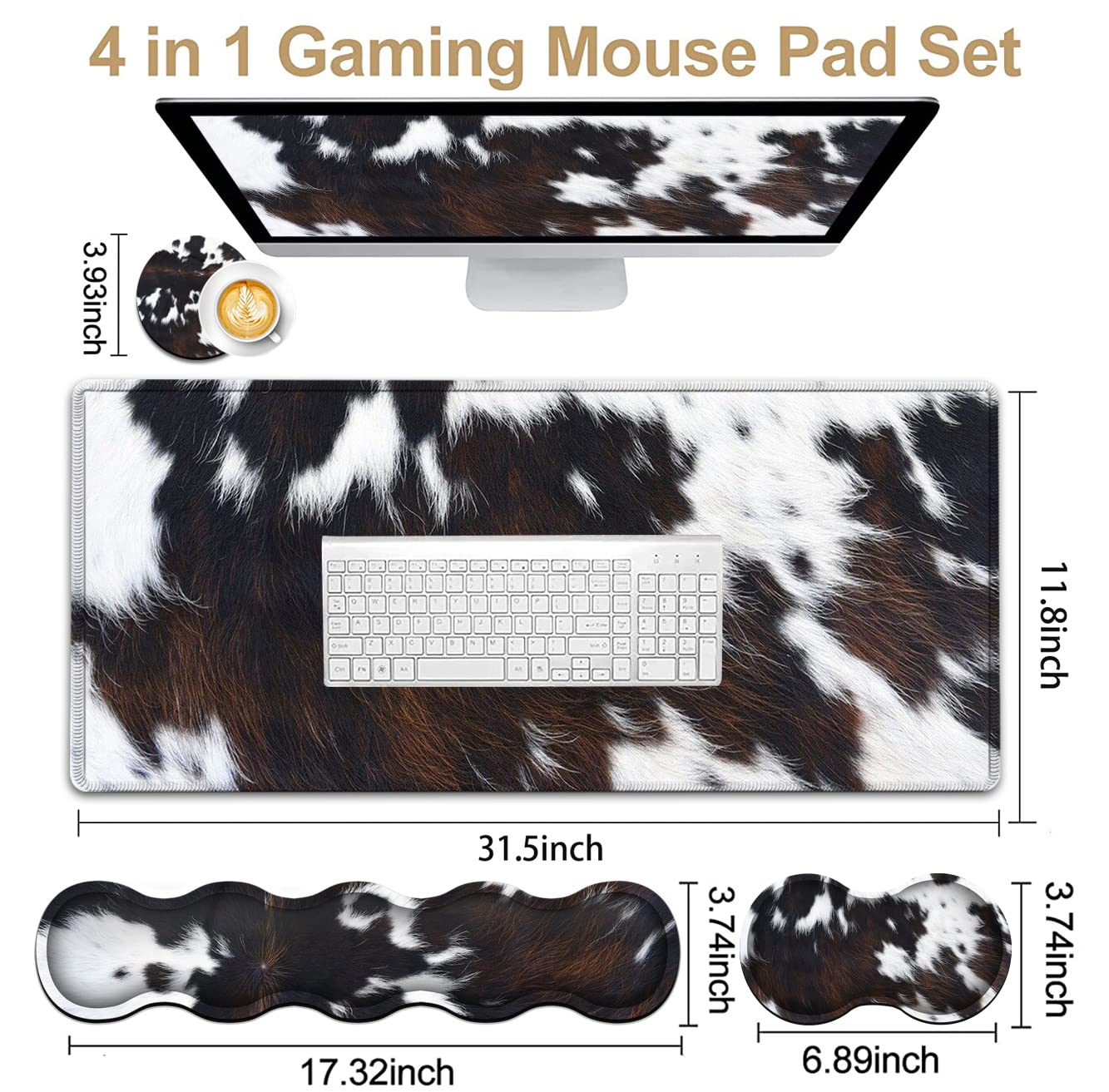 XXL Gaming Mouse Pad with Memory Foam Wrist Rest - 31.5x11.8 Inch Large Desk Mat, Ergonomic Cowhide Surface & Stitched Edges - Perfect for PC Gaming, Office Work & Home Computer Setup