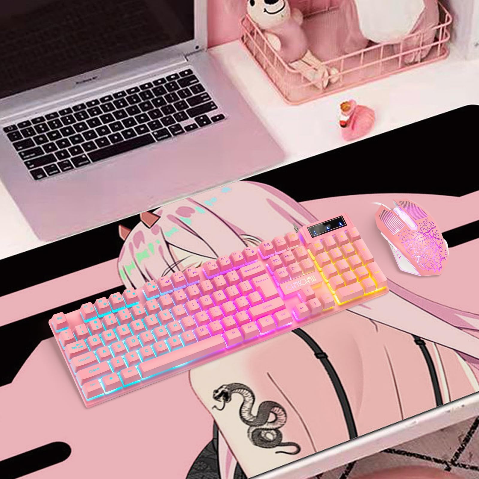 Pink Gaming Keyboard & Mouse Combo with Backlit, RGB for PC, Mac, PS4 - Perfect for Girls & Women Gamers